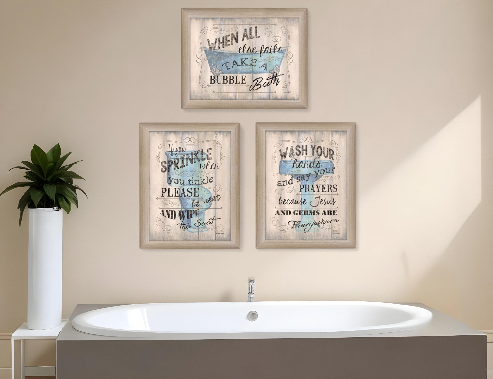 Set Of Three Humorous Brown Framed Print Bathroom Wall Art