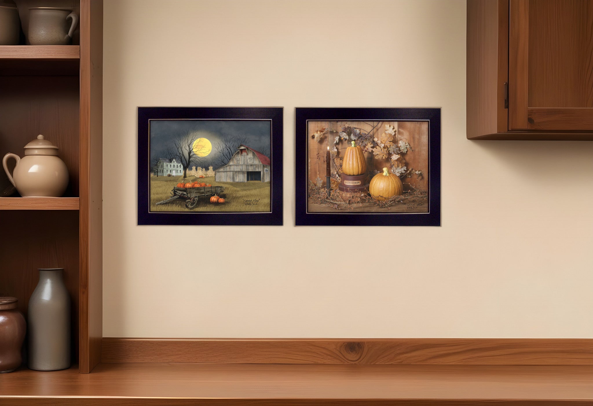 Set Of Two Pumpkin Space Harvest Black Framed Print Kitchen Wall Art