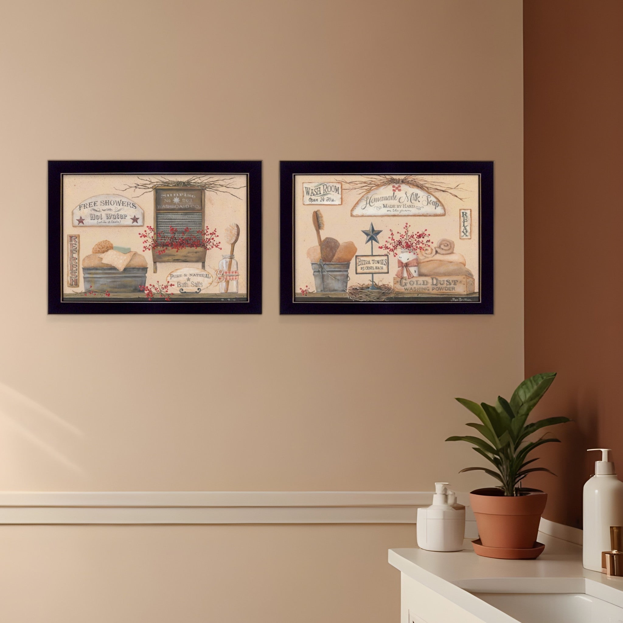 Set Of Two Wash Room Black Framed Print Bathroom Wall Art