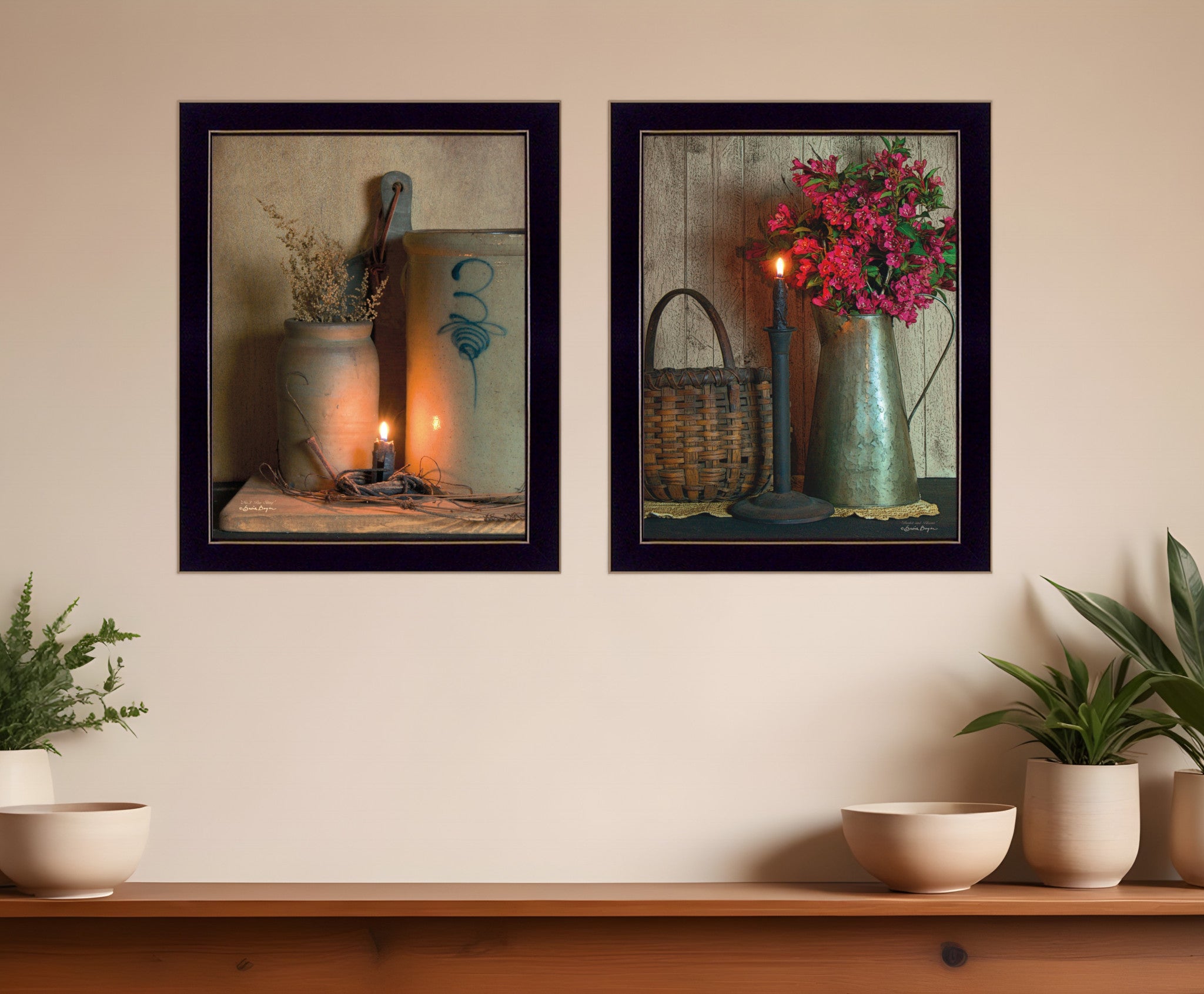 Set Of Two Americana Country Candlelight Black Framed Print Wall Art