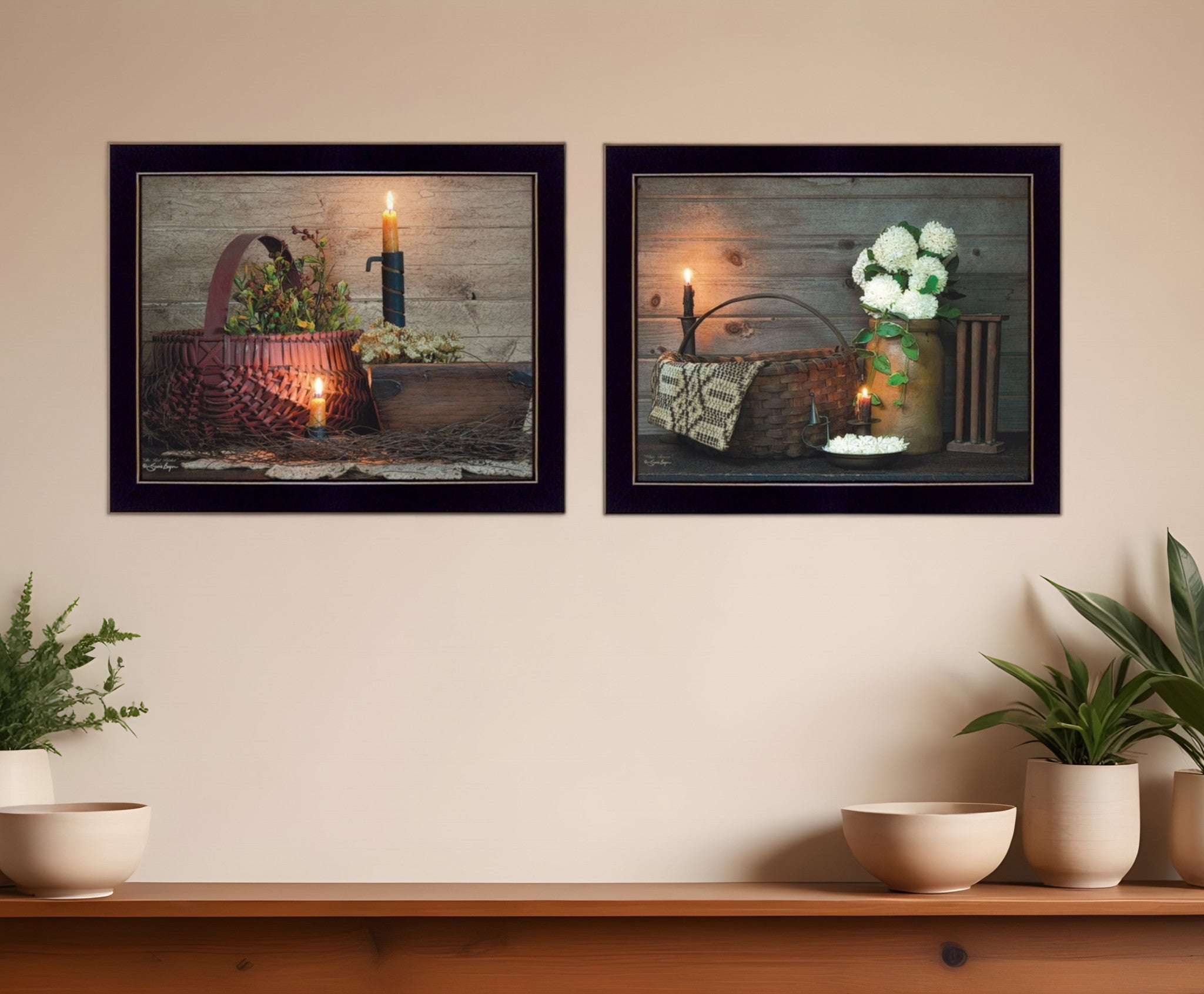 Set Of Two Baskets and Flowers Black Framed Print Wall Art