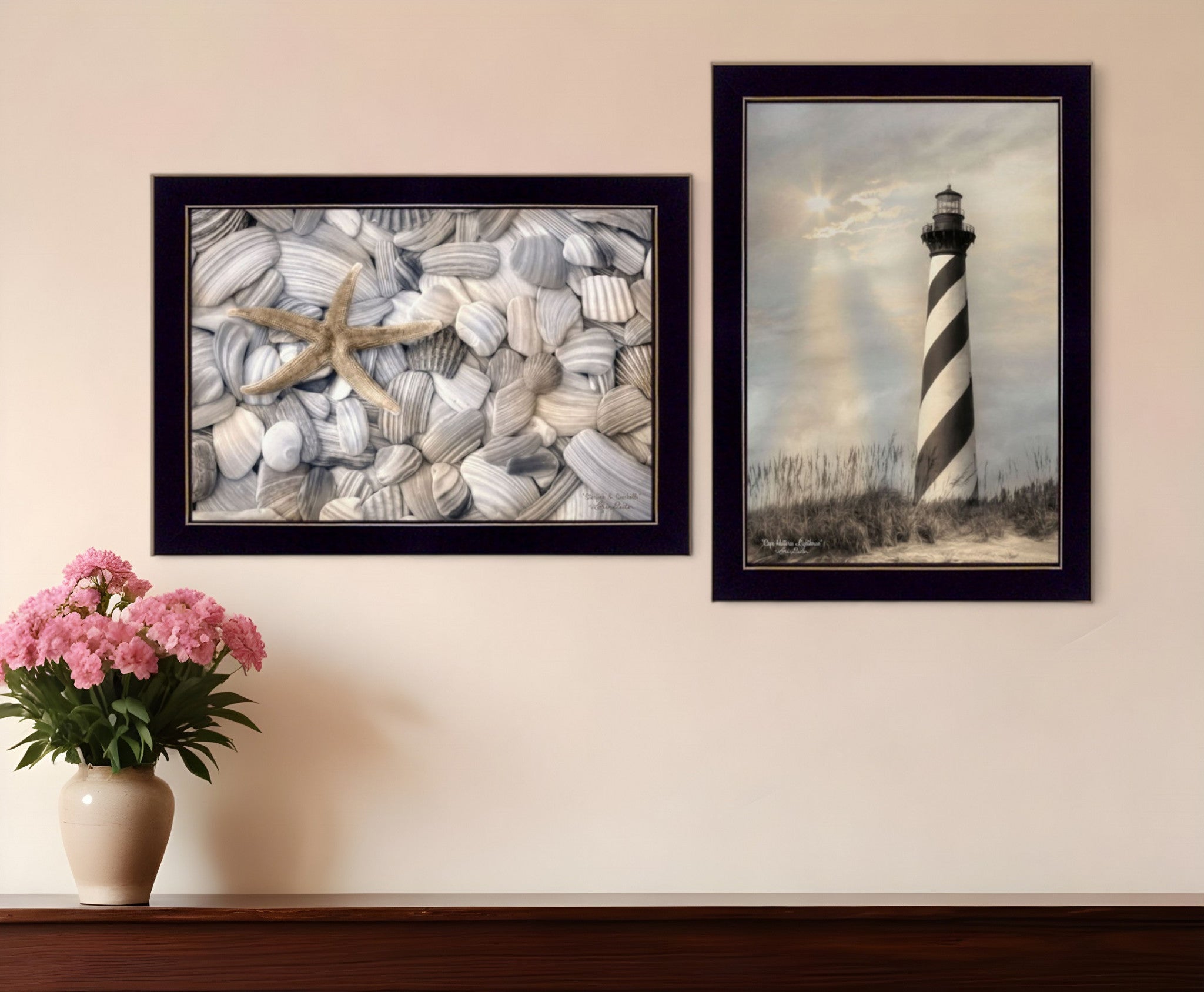 Set Of Two Cape Hatteras Lighthouse and Sea Shells 1 Black Framed Print Wall Art