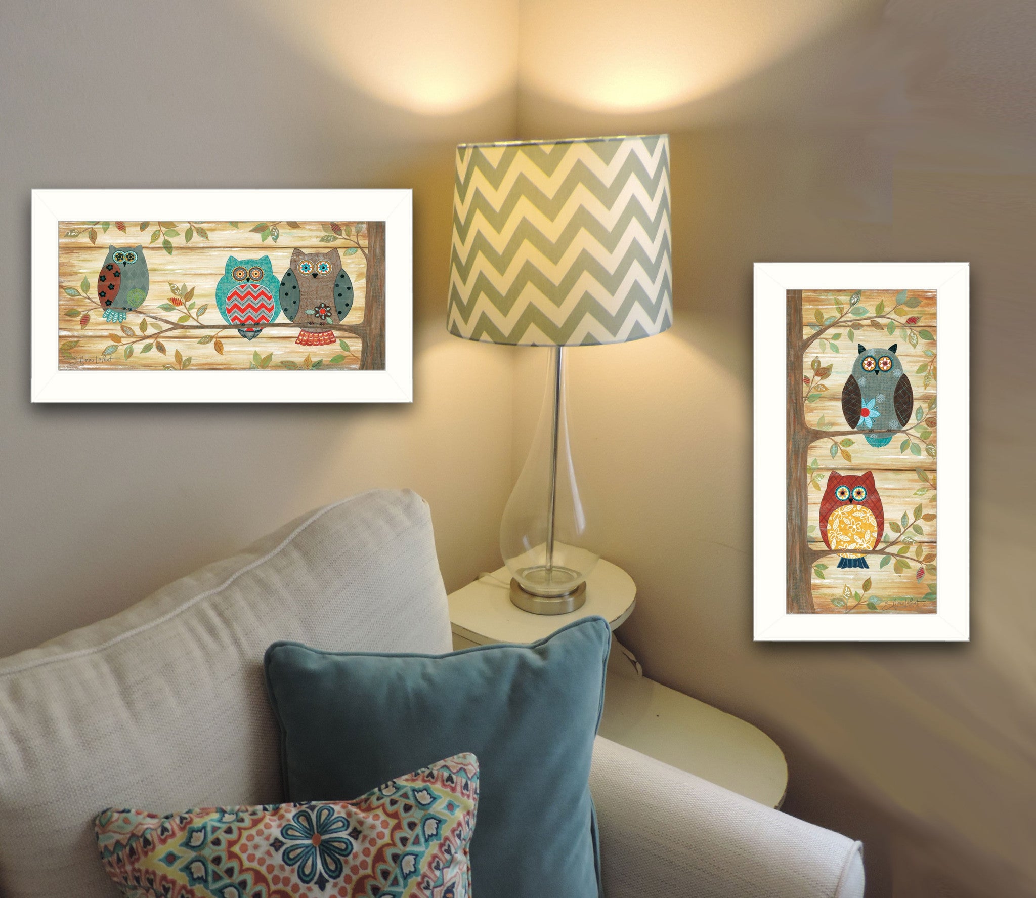 Set Of Two Whimsical Owls White Framed Print Wall Art