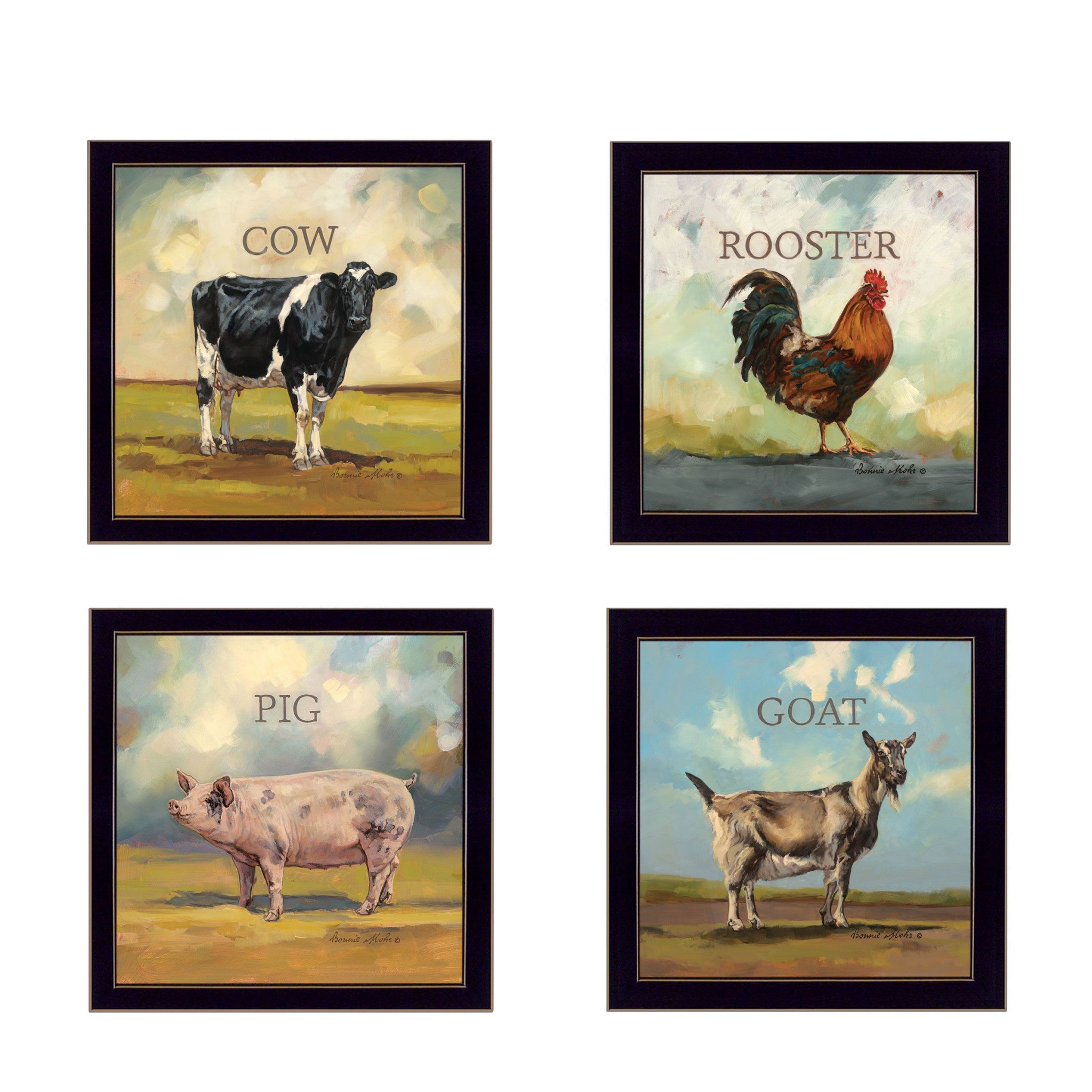 Set Of Four Farm Animals 1 Black Framed Print Wall Art