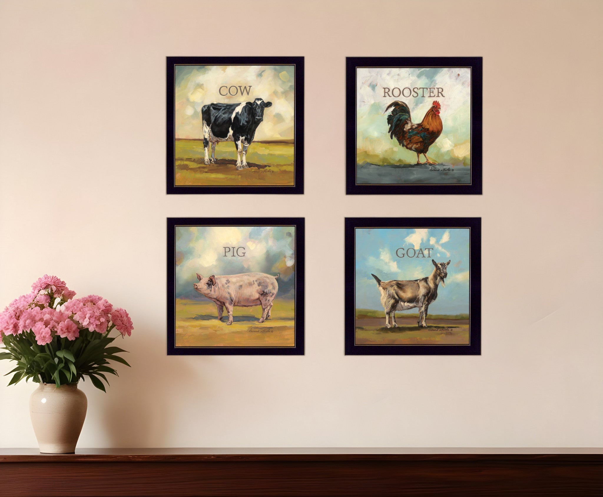 Set Of Four Farm Animals 1 Black Framed Print Wall Art