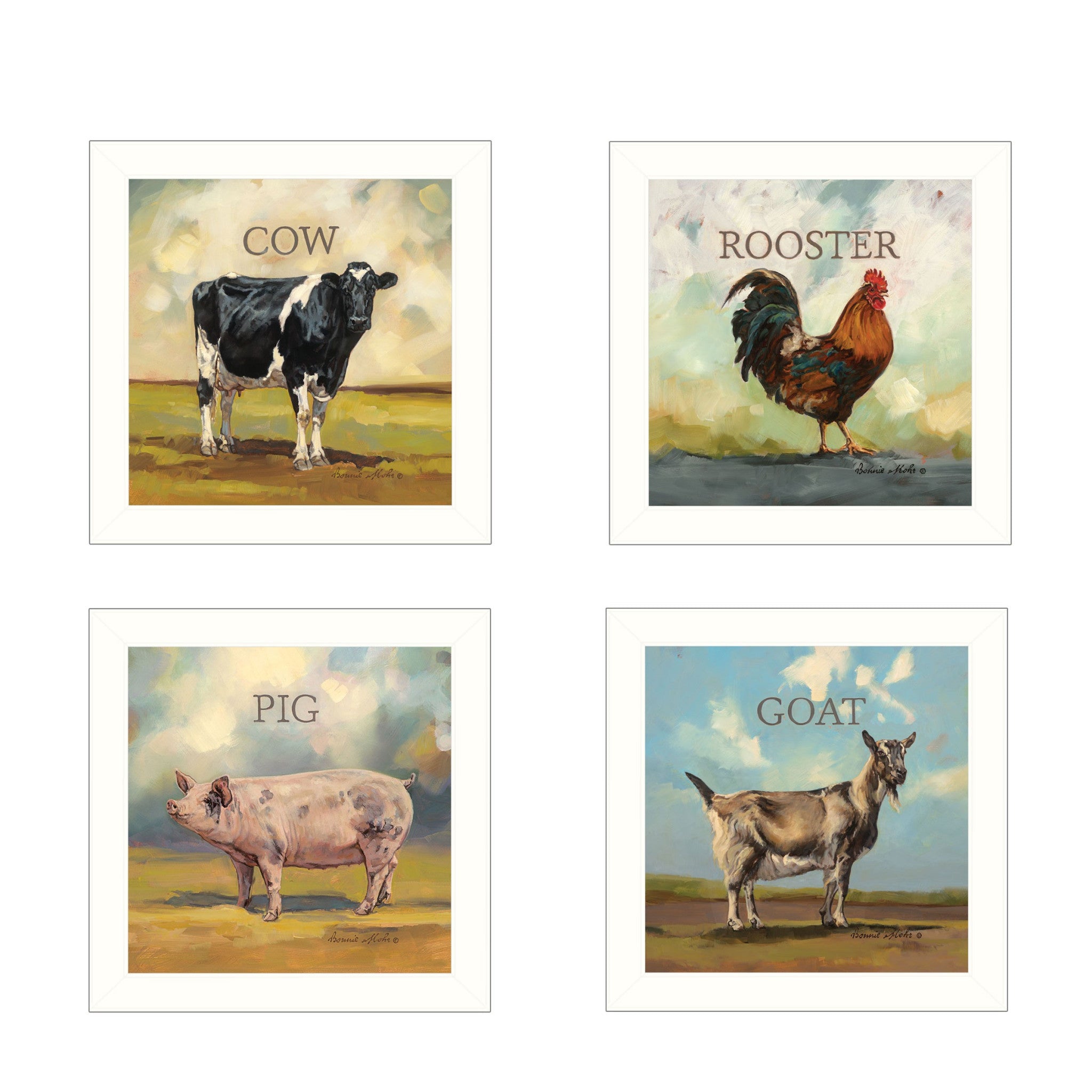 Set Of Four Farm Animals 2 White Framed Print Wall Art