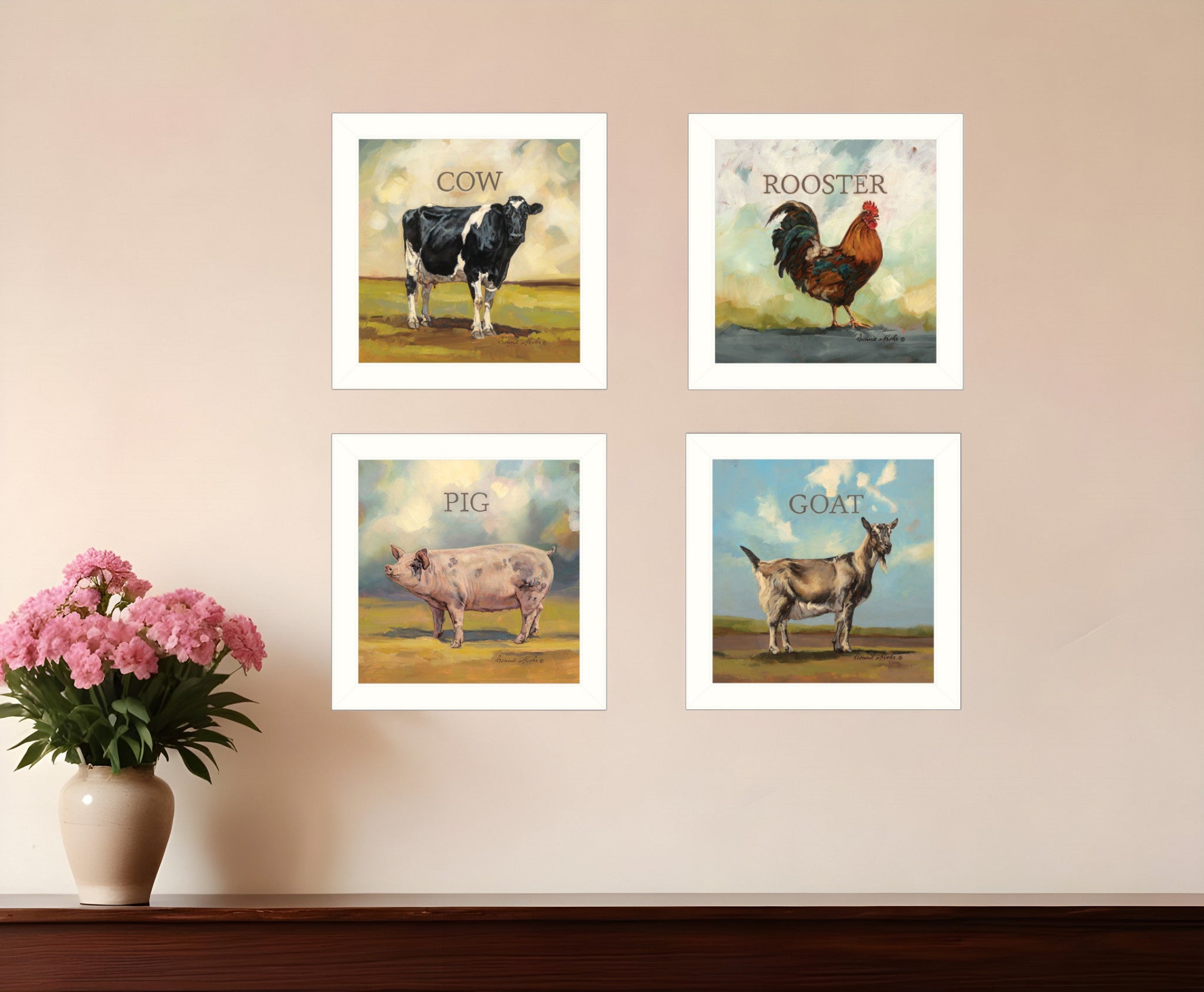 Set Of Four Farm Animals 2 White Framed Print Wall Art