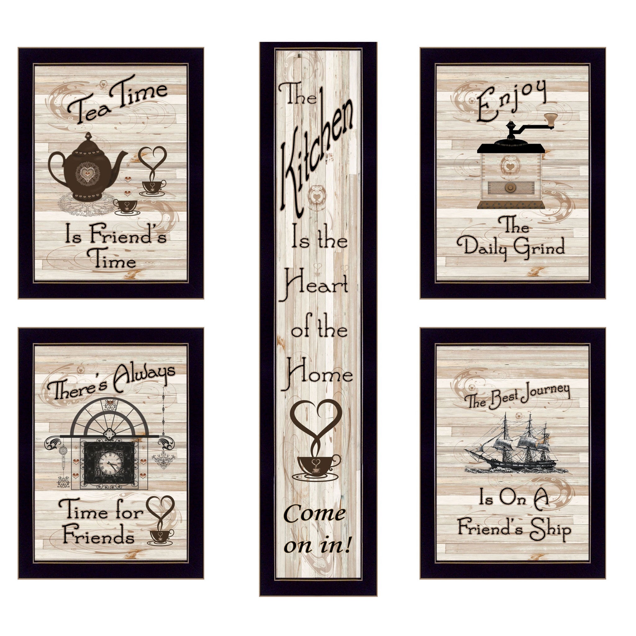 Set Of Five Kitchen Friendship 3 Black Framed Print Kitchen Wall Art