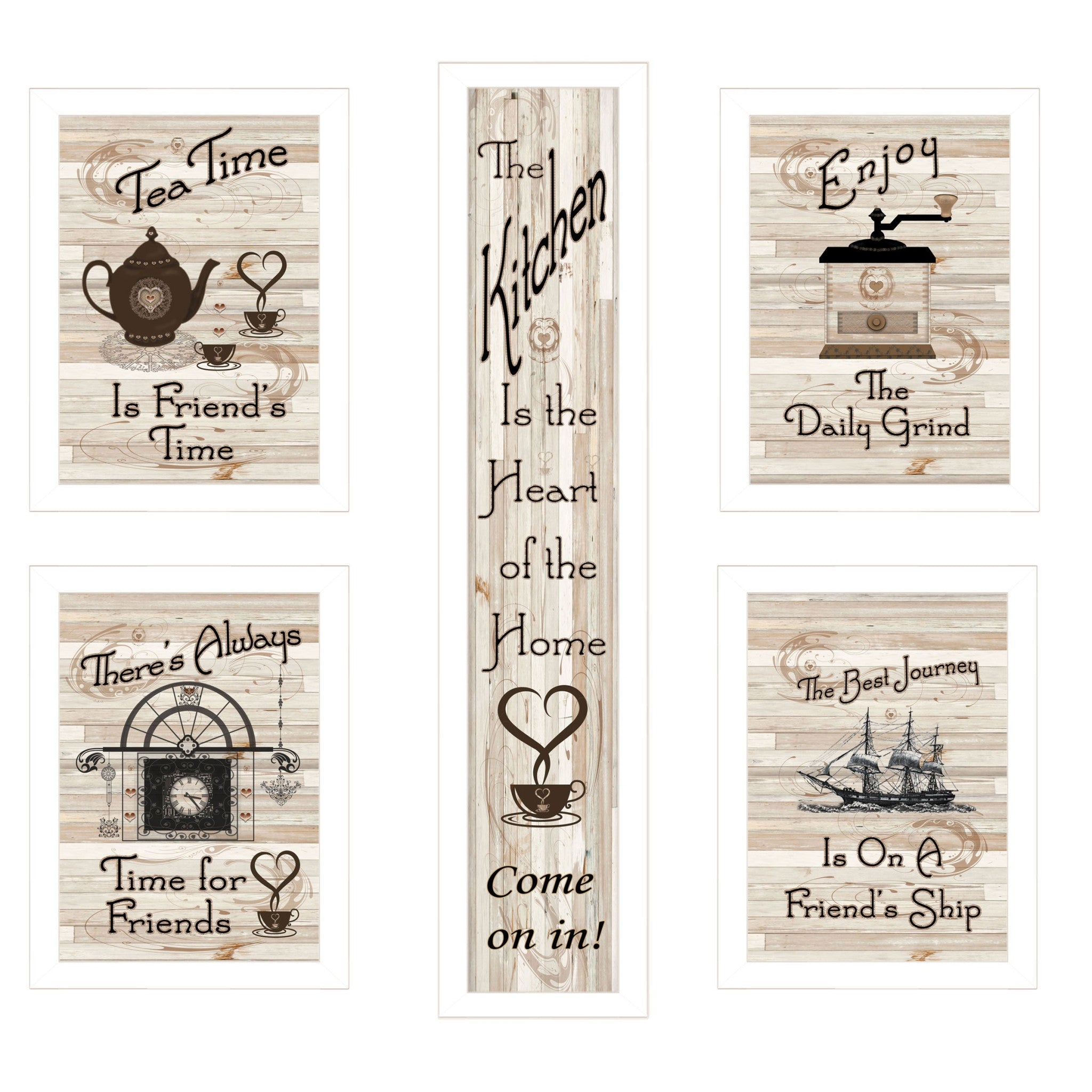 Set Of Five Kitchen Friendship 4 White Framed Print Kitchen Wall Art