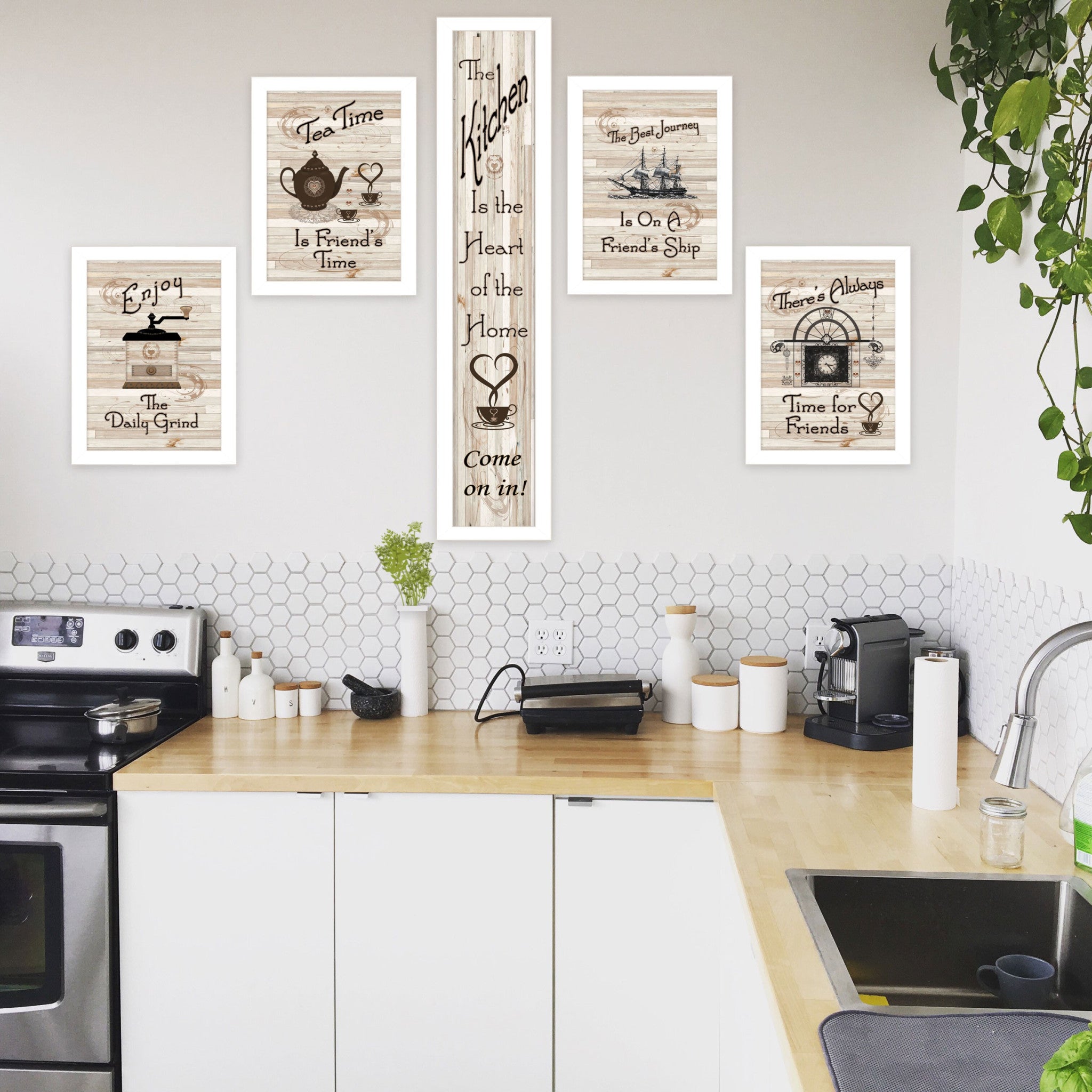 Set Of Five Kitchen Friendship 4 White Framed Print Kitchen Wall Art