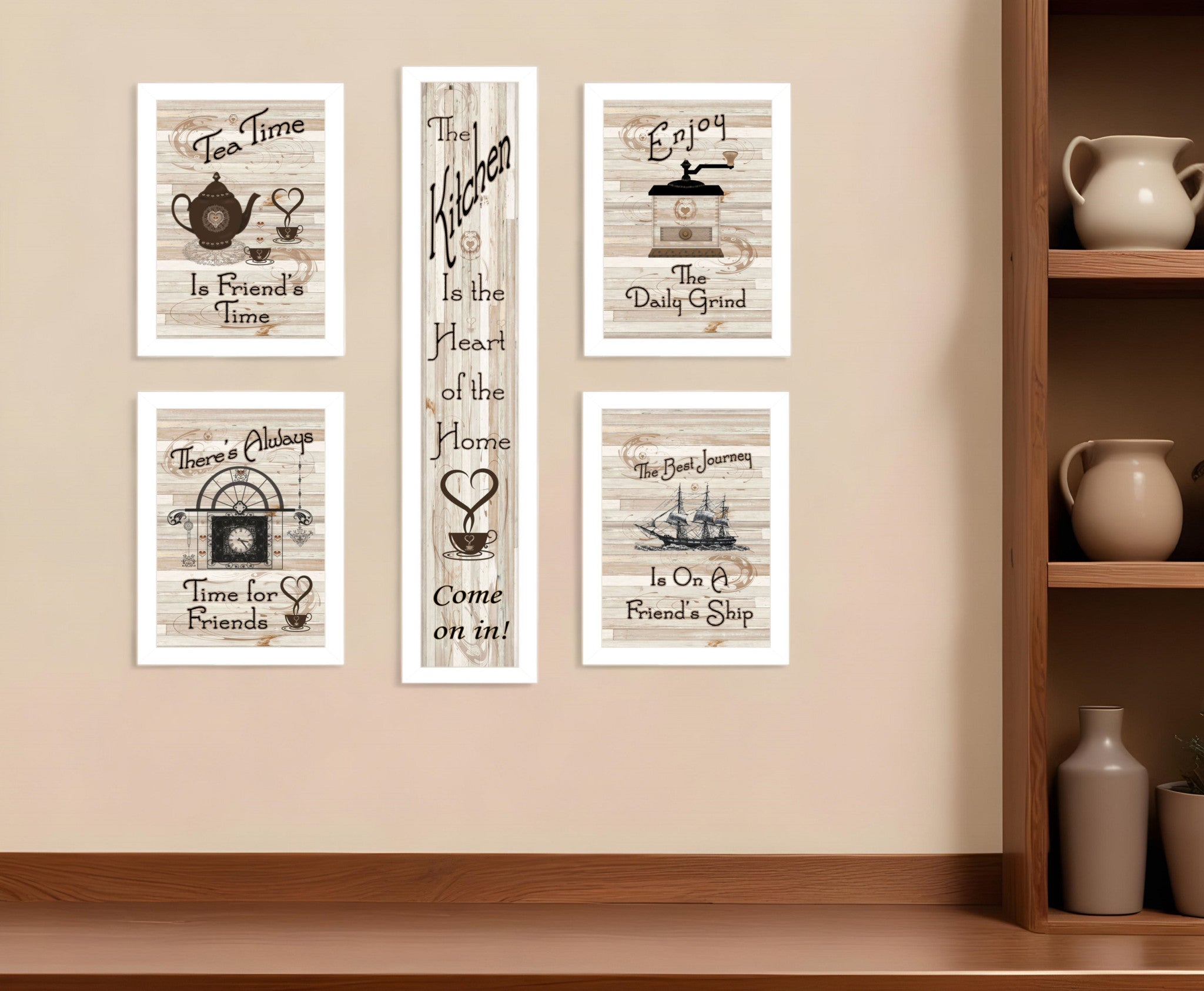 Set Of Five Kitchen Friendship 4 White Framed Print Kitchen Wall Art