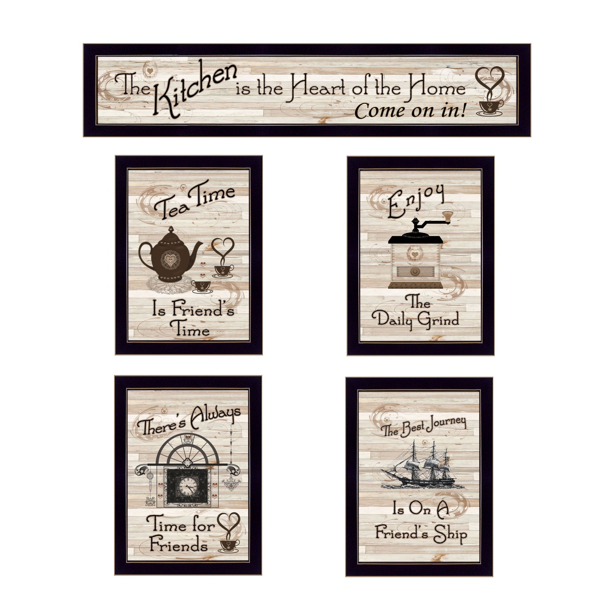 Set Of Five Kitchen Friendship Collection II 3 Black Framed Print Kitchen Wall Art