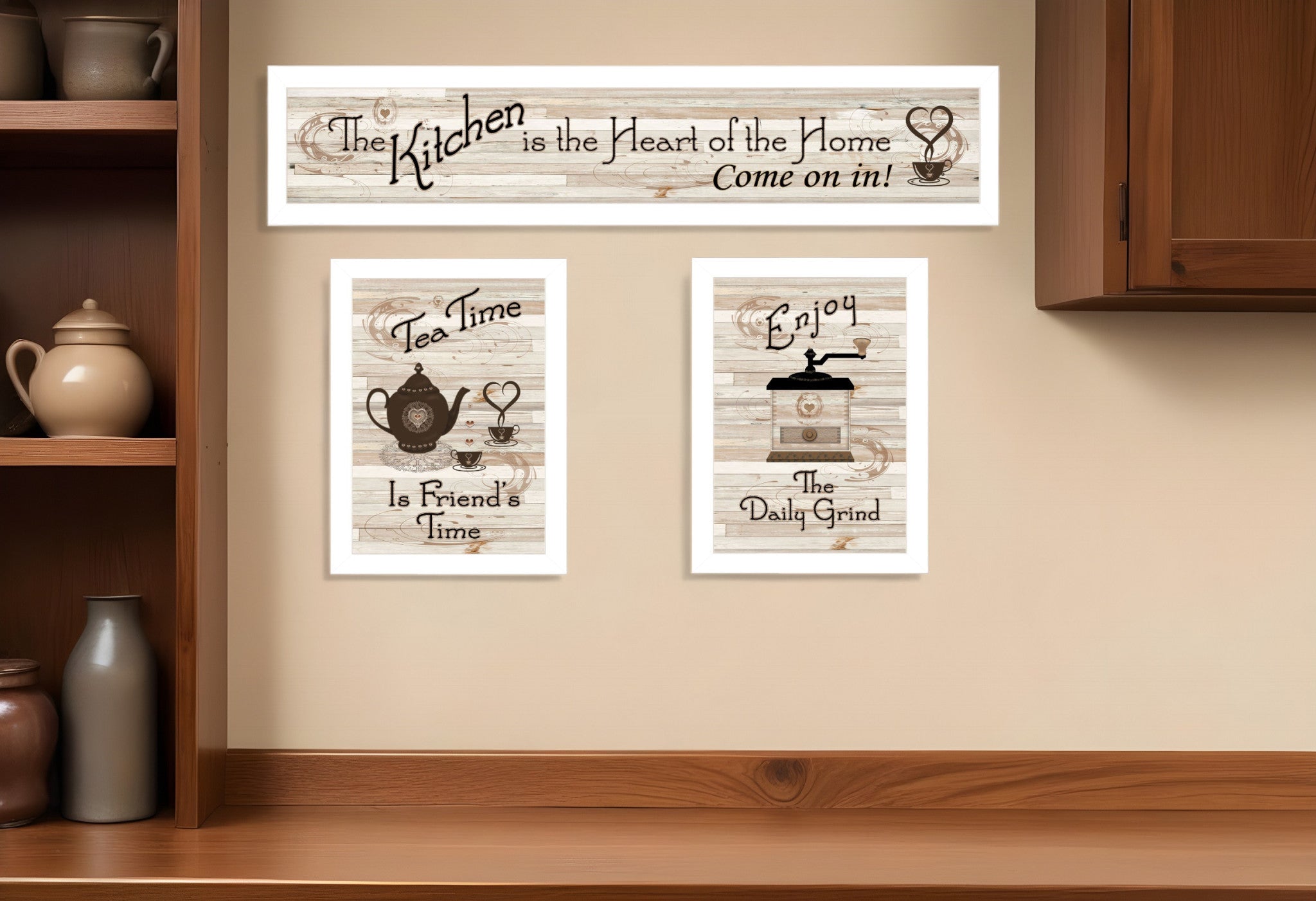 Set Of Three Kitchen Is The Heart of Home White Framed Kitchen Wall Art