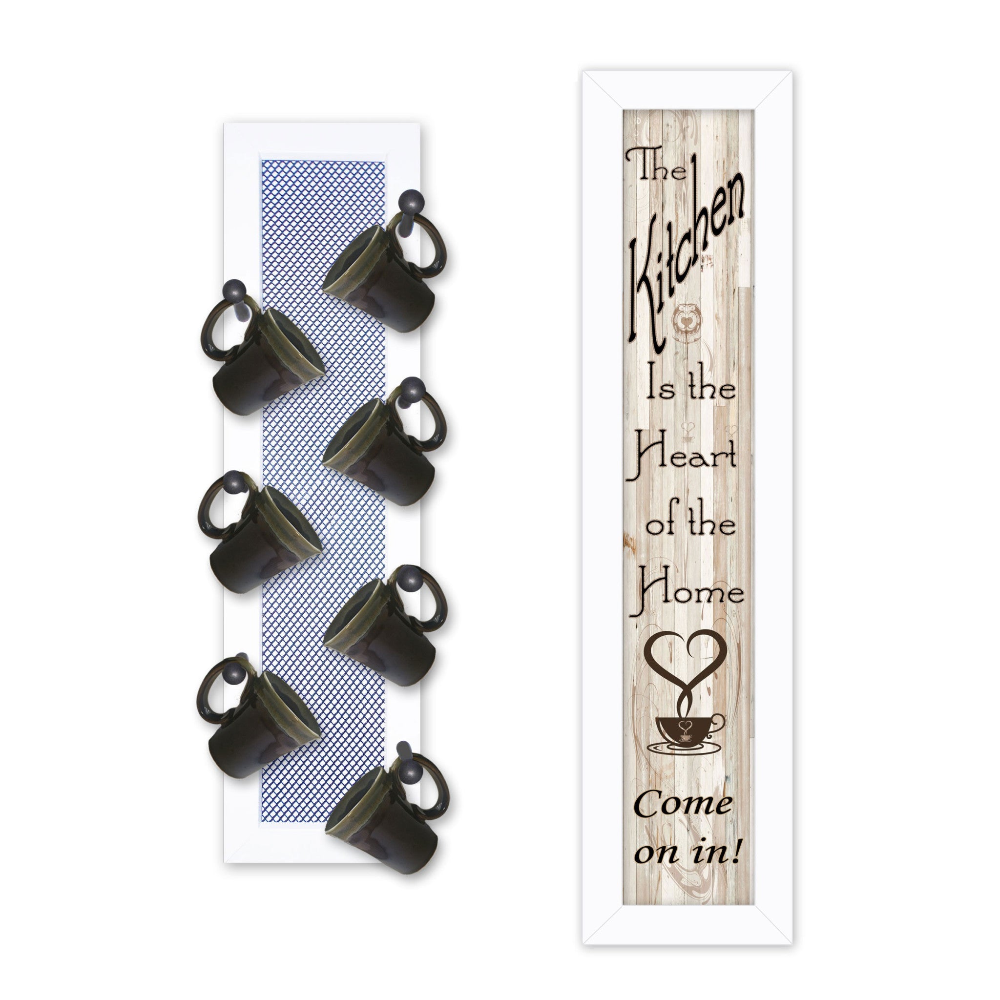 Set Of Two Come On In with Seven Peg Mug Rack 3 White Framed Print Kitchen Wall Art