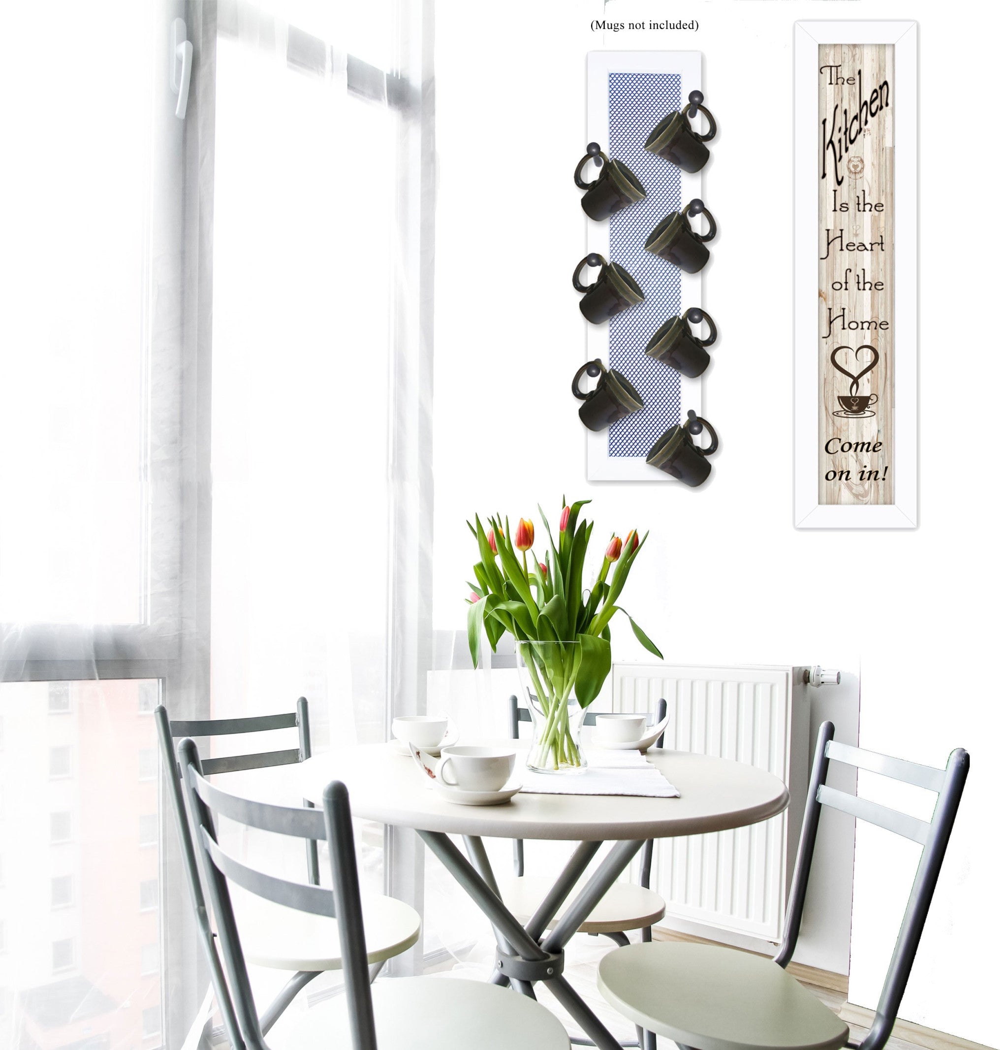 Set Of Two Come On In with Seven Peg Mug Rack 3 White Framed Print Kitchen Wall Art