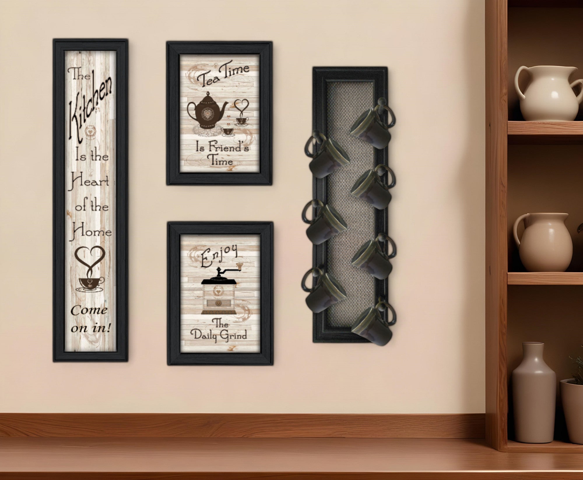 Set Of Four Kitchen Collection V with Seven Peg Mug Rack 2 Black Framed Print Kitchen Wall Art