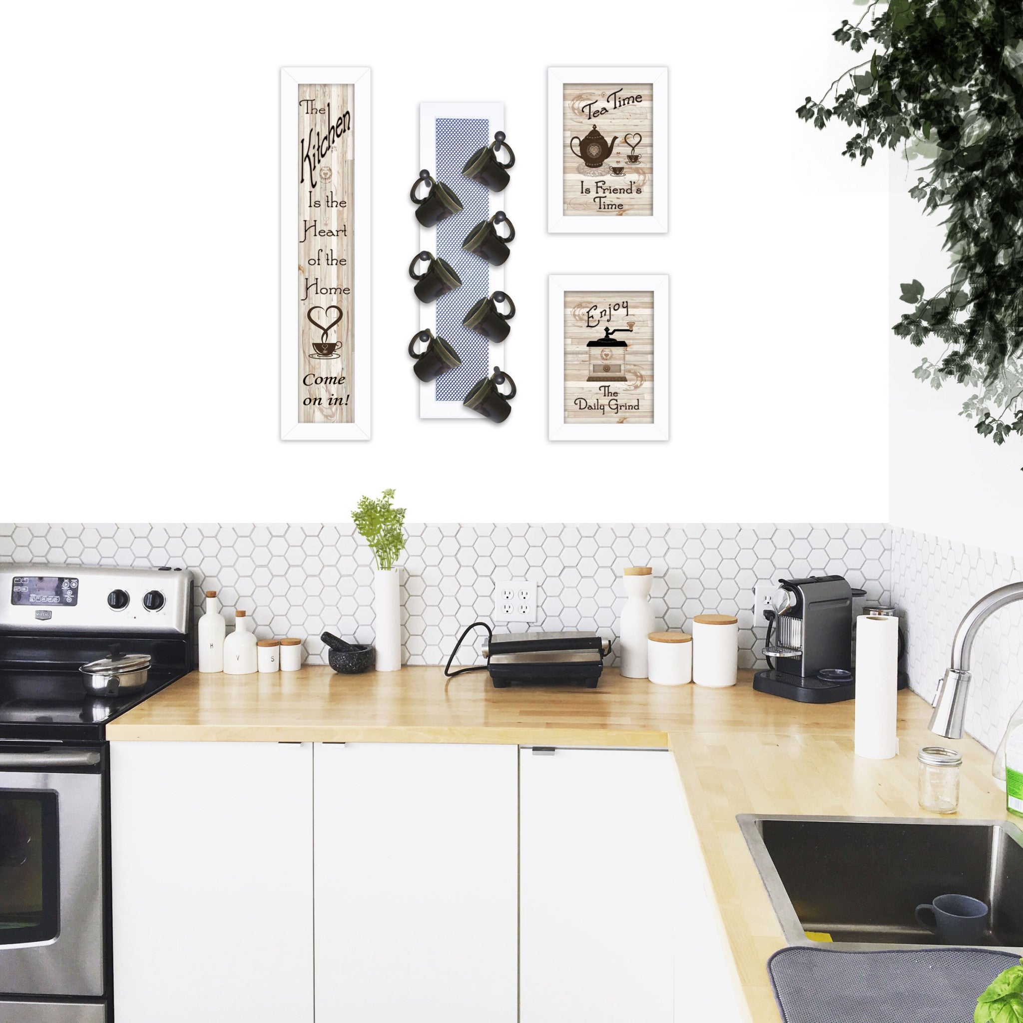 Set Of Four Kitchen Collection V with Seven Peg Mug Rack 4 White Framed Print Kitchen Wall Art