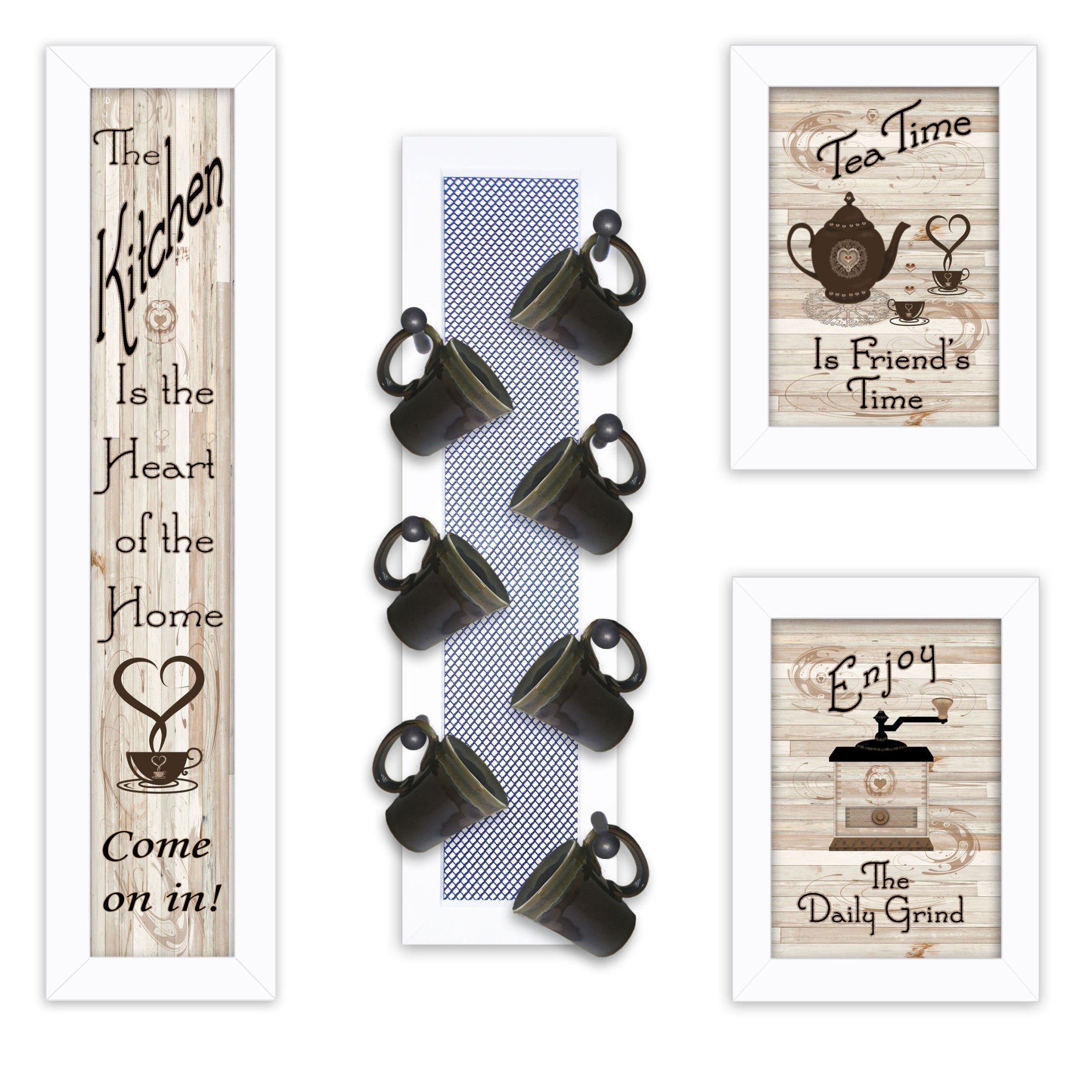 Set Of Four Kitchen Collection V with Seven Peg Mug Rack 4 White Framed Print Kitchen Wall Art