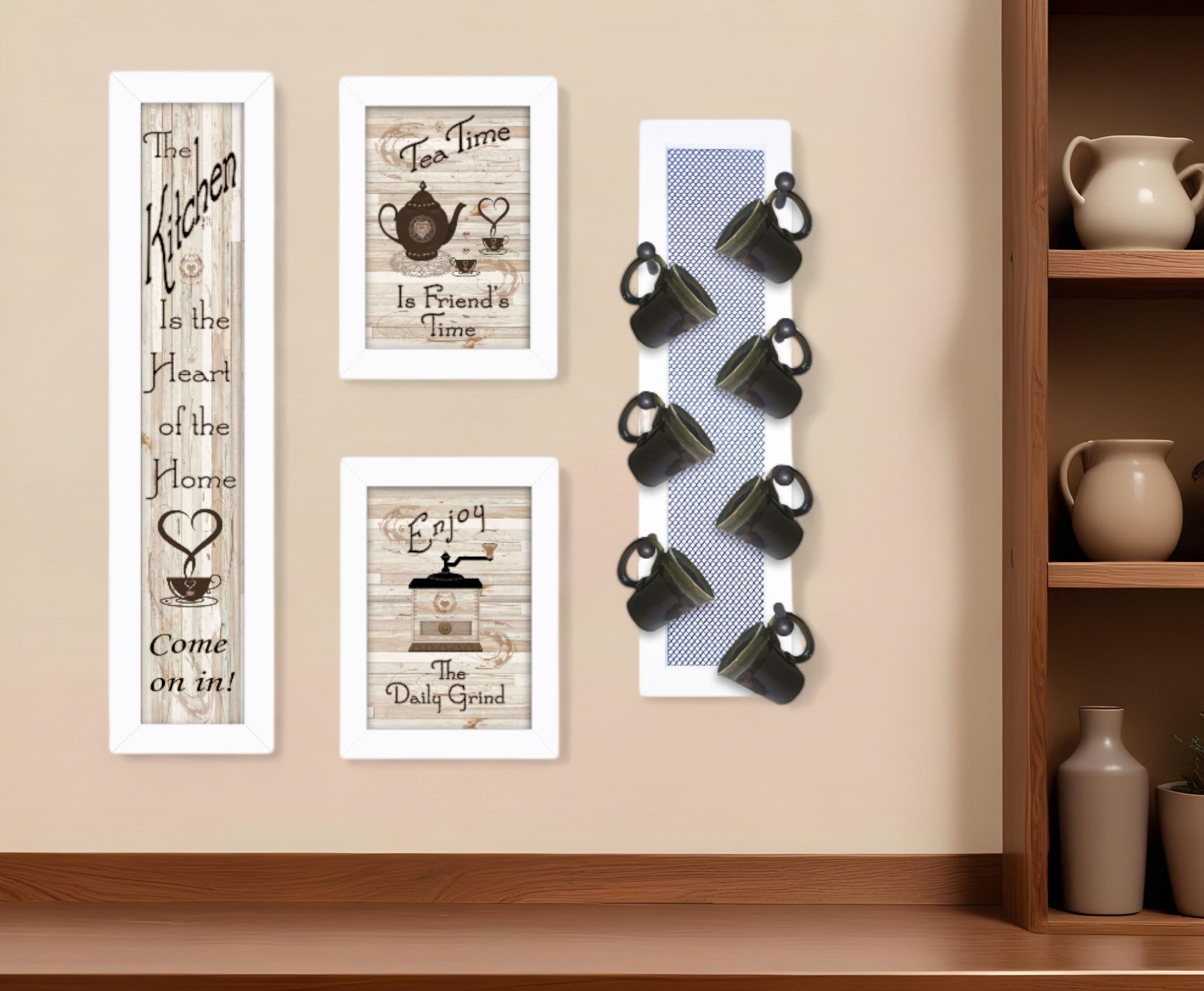 Set Of Four Kitchen Collection V with Seven Peg Mug Rack 4 White Framed Print Kitchen Wall Art