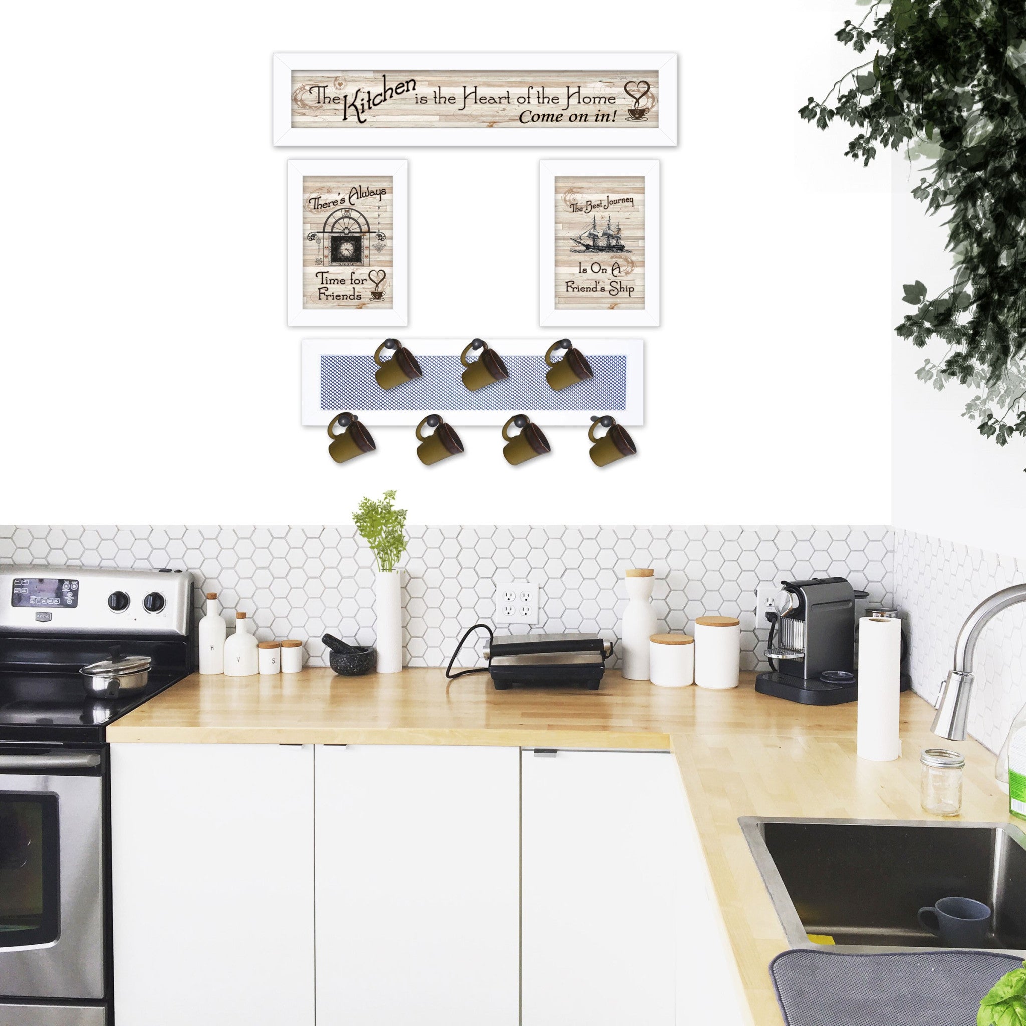 Set Of Four Kitchen Collection VI with Seven Peg Mug Rack 4 White Framed Print Kitchen Wall Art