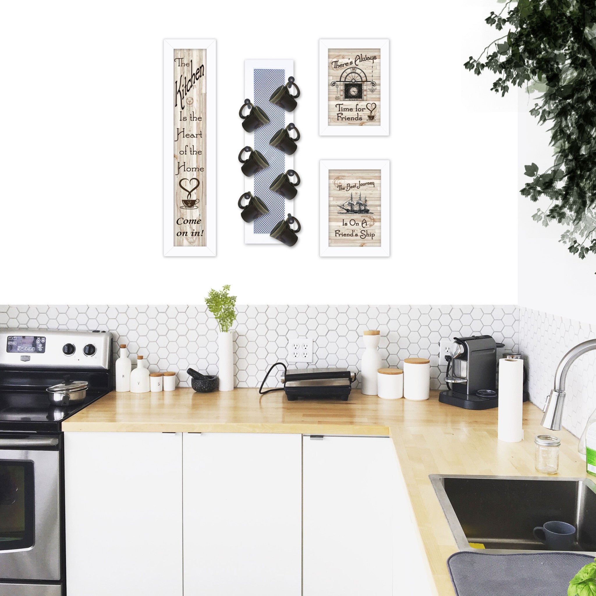 Set Of Four Kitchen Collection with Seven Peg Mug Rack White Framed Print Kitchen Wall Art