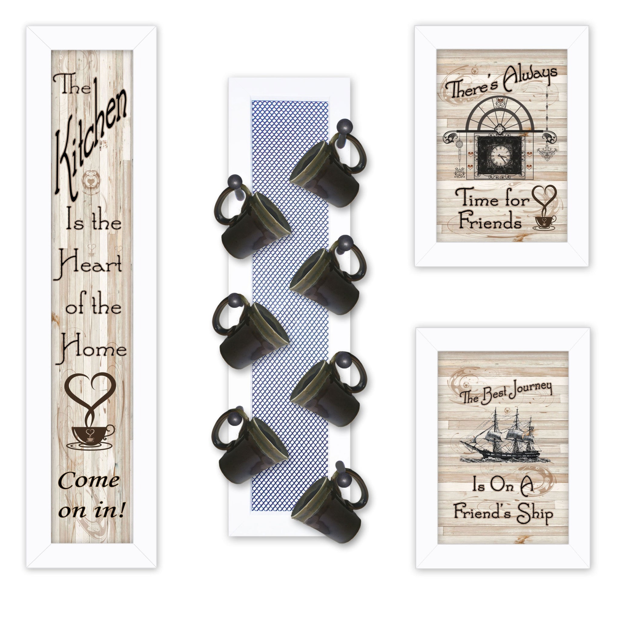 Set Of Four Kitchen Collection with Seven Peg Mug Rack White Framed Print Kitchen Wall Art