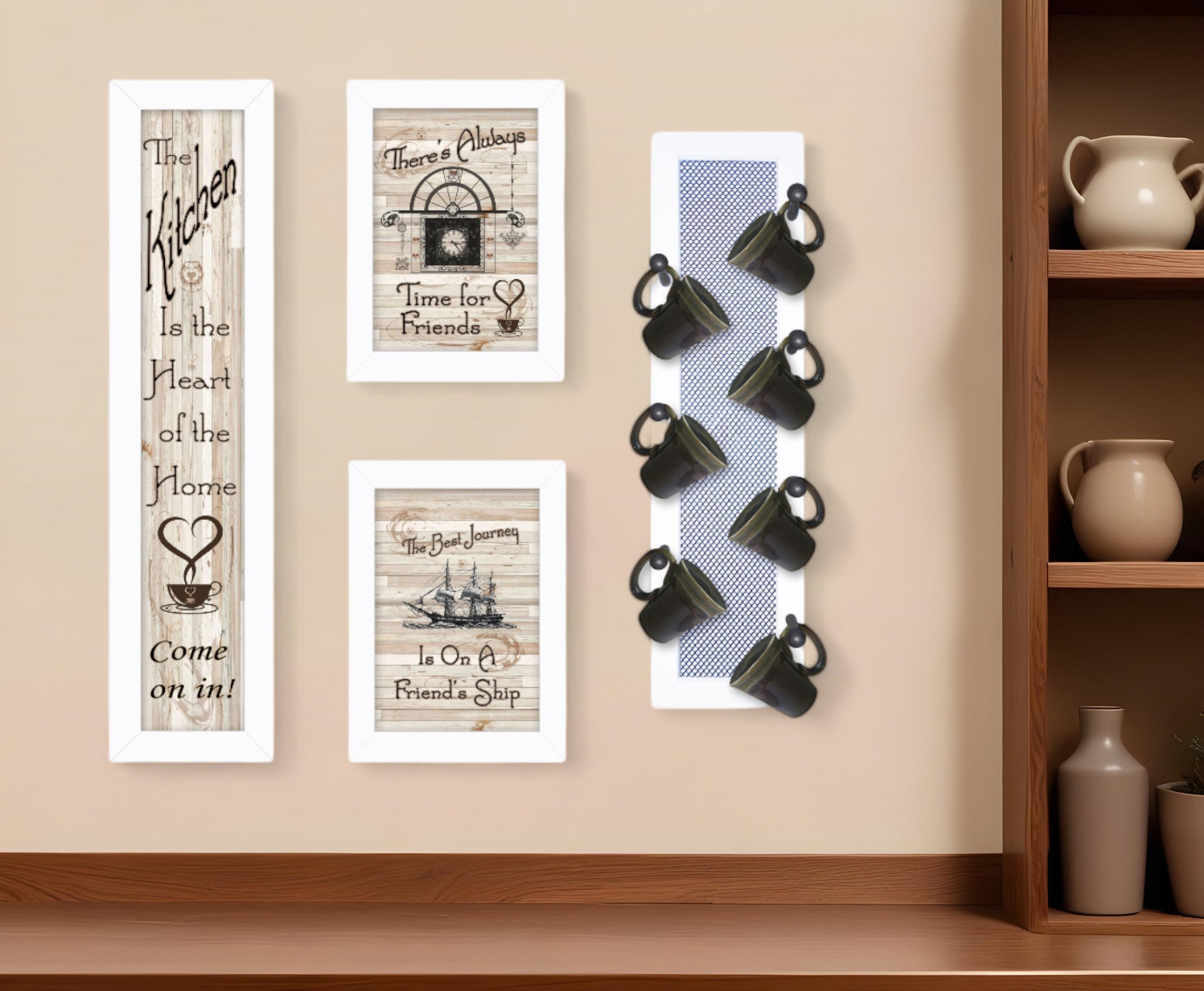 Set Of Four Kitchen Collection with Seven Peg Mug Rack White Framed Print Kitchen Wall Art