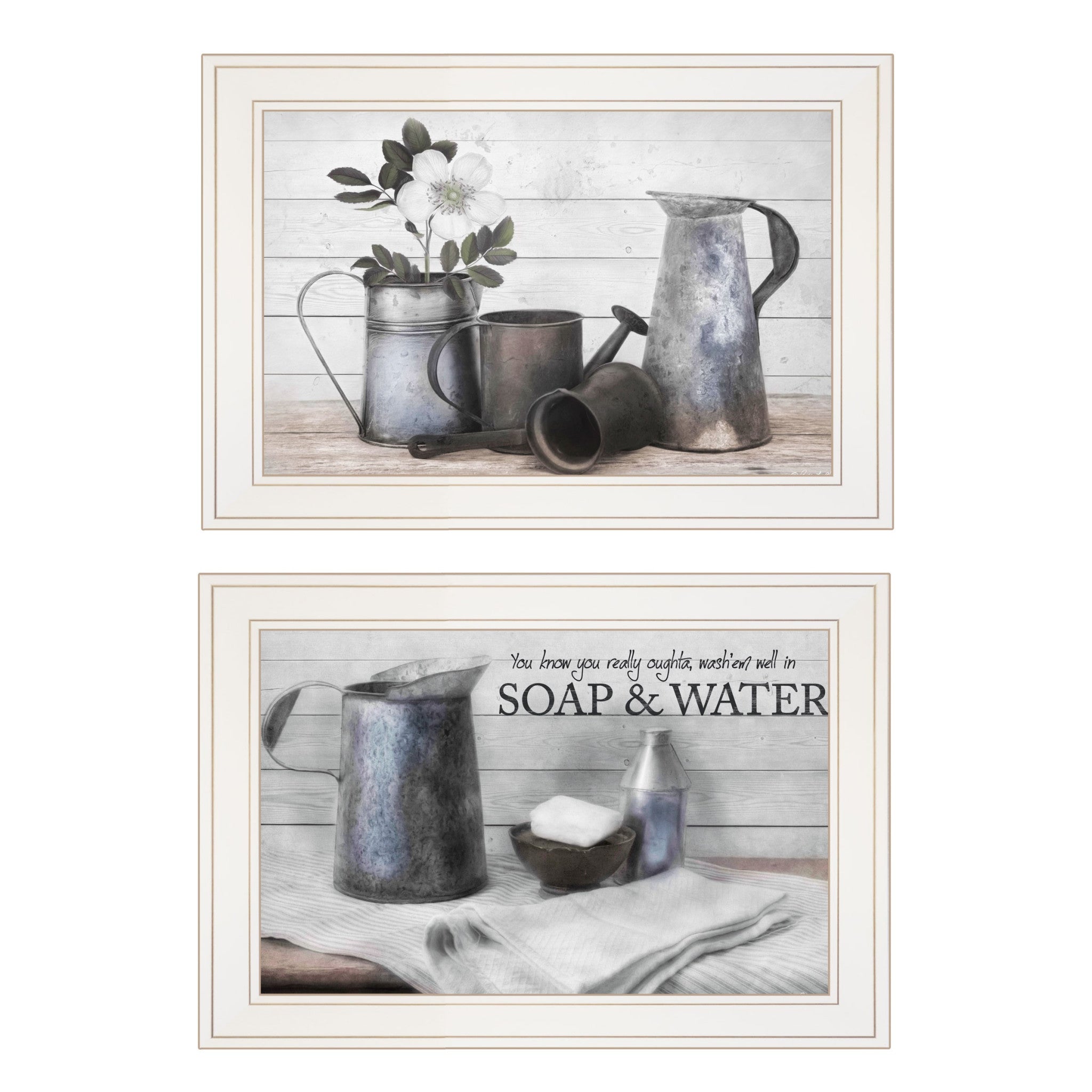 Set Of Two Soap or Floral 1 White Framed Print Bathroom Wall Art