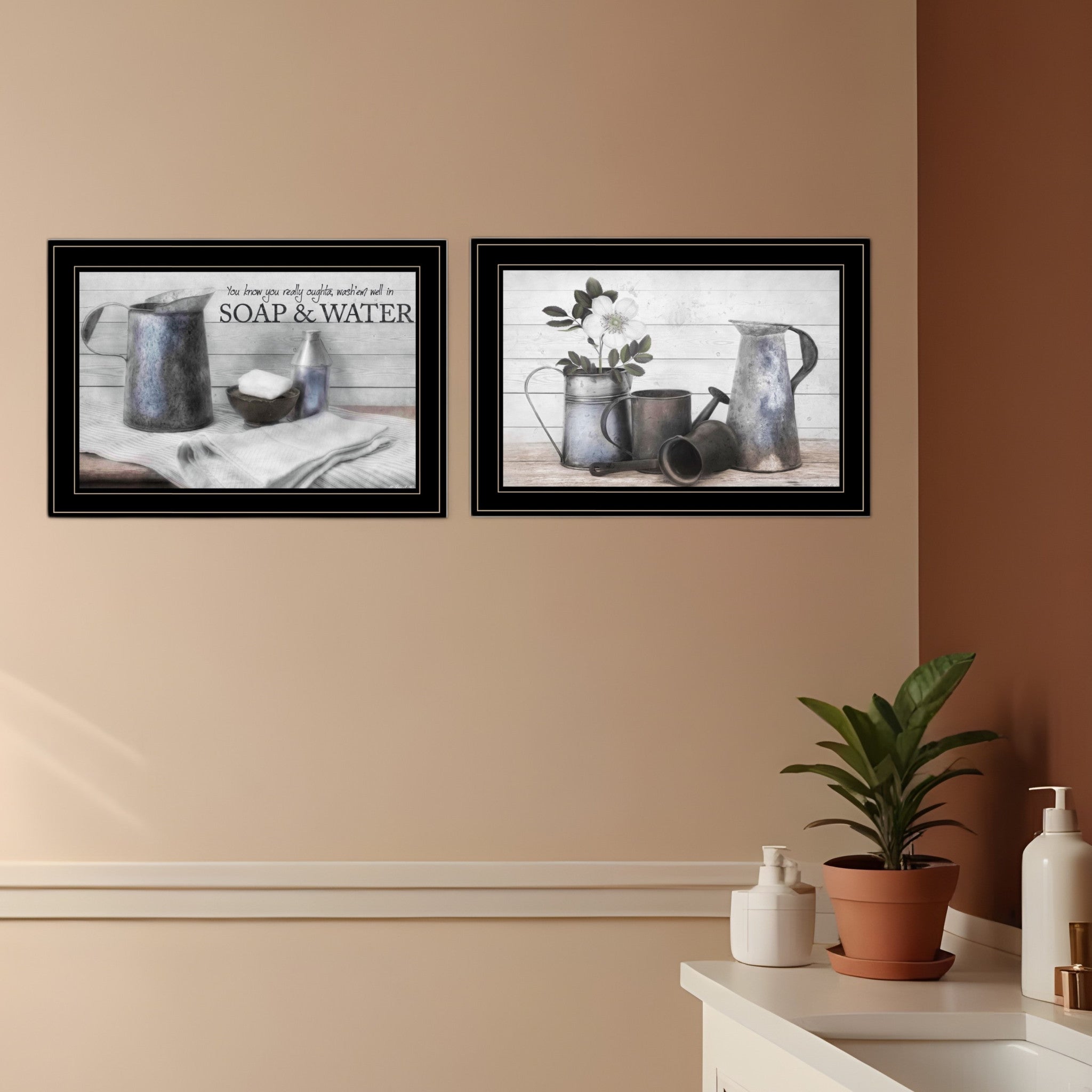 Set Of Two Soap or Floral 2 Black Framed Print Bathroom Wall Art