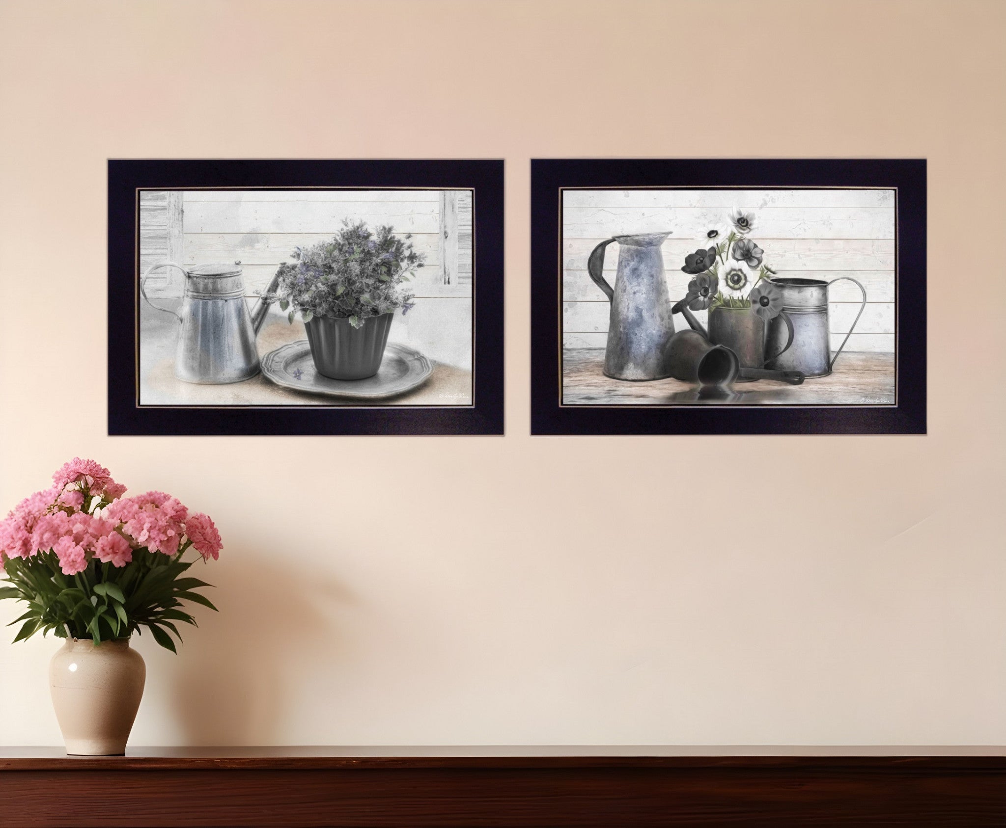 Set Of Two Floral with Tin Ware 2 Black Framed Print Wall Art