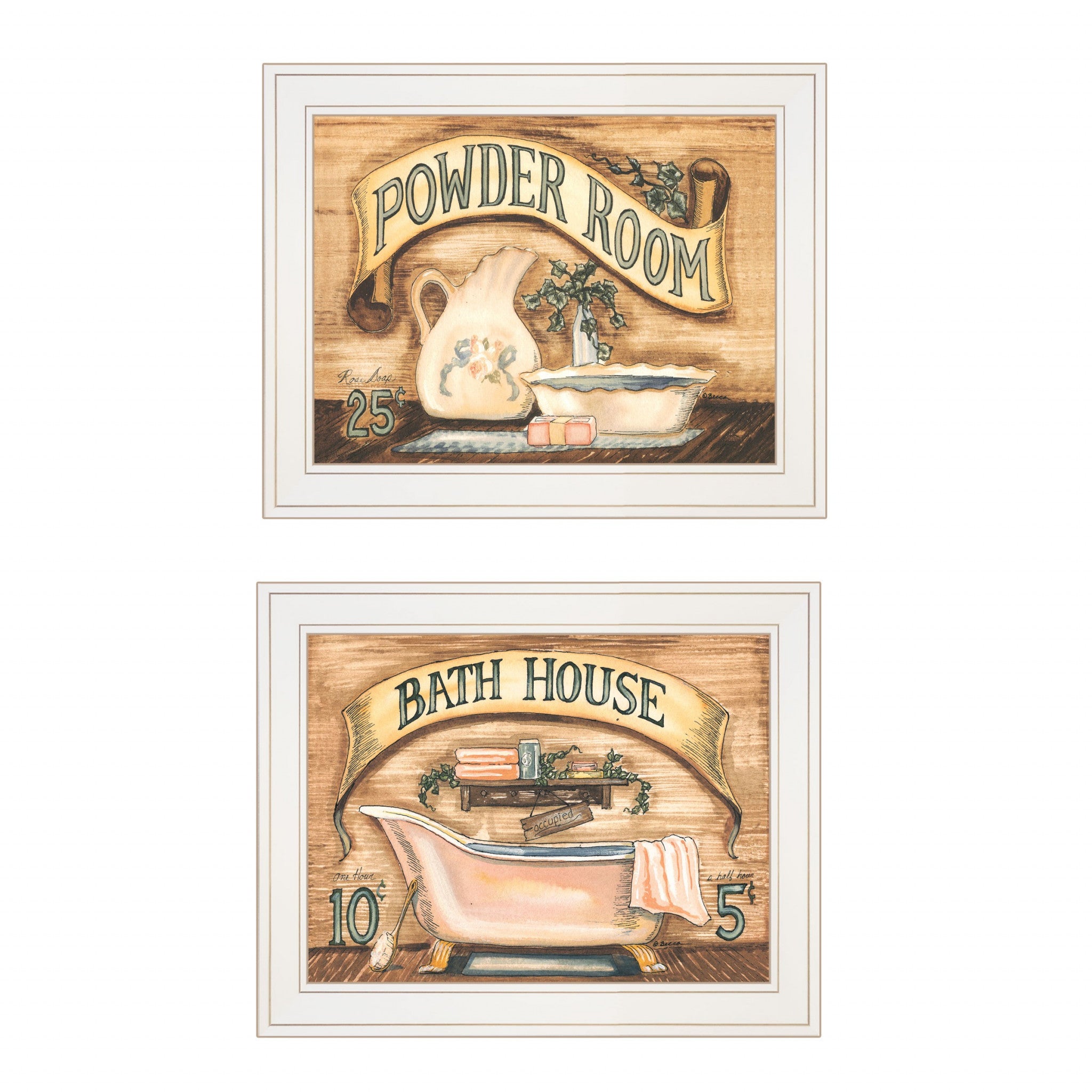 Set Of Two Bath and Powder Room 1 White Framed Print Bathroom Wall Art