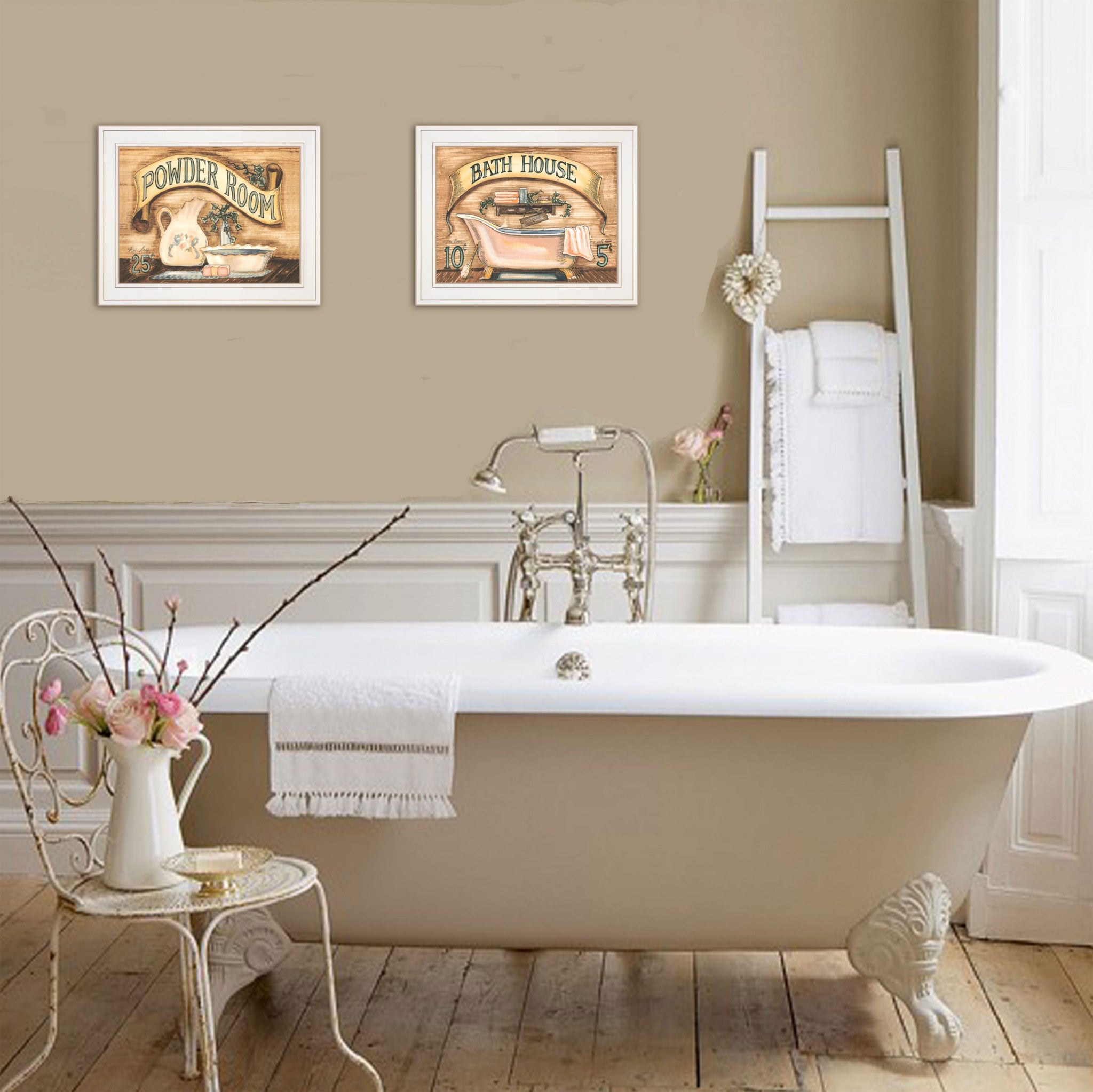 Set Of Two Bath and Powder Room 1 White Framed Print Bathroom Wall Art