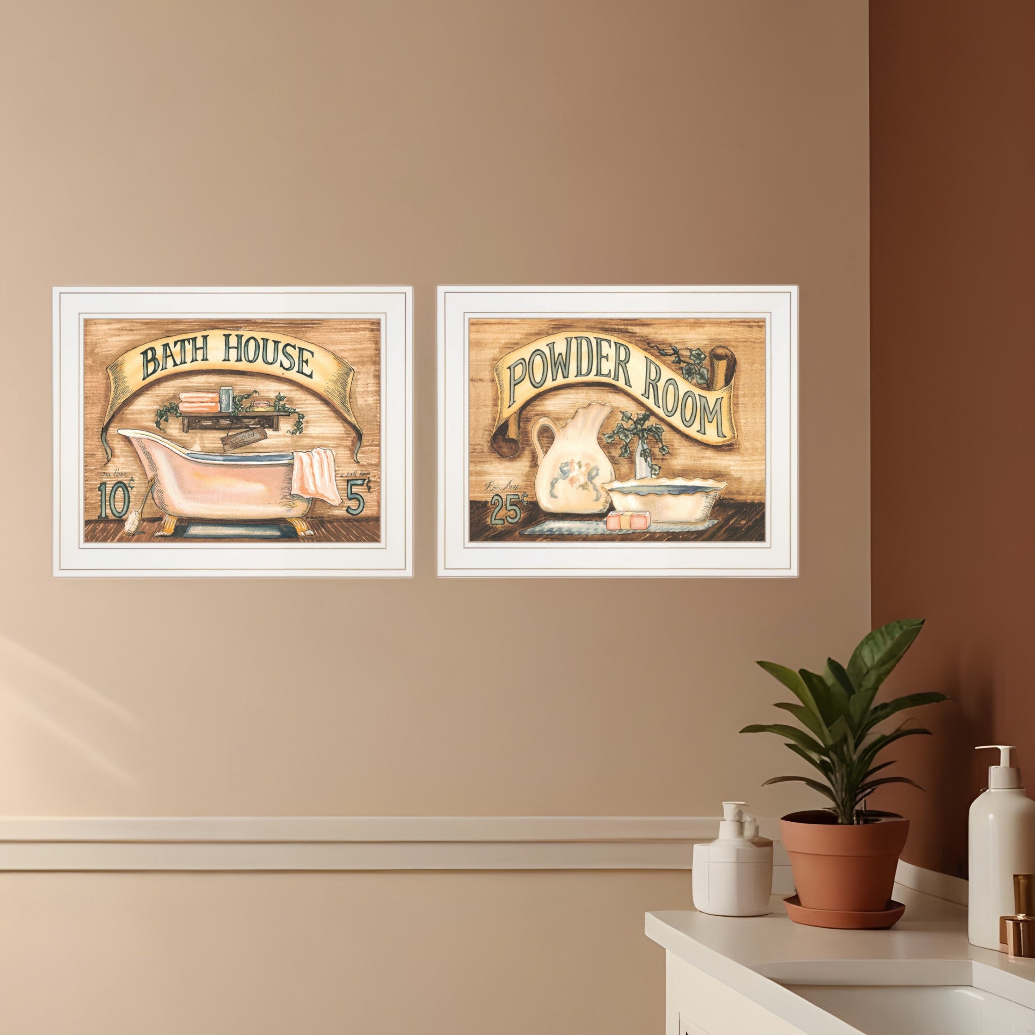 Set Of Two Bath and Powder Room 1 White Framed Print Bathroom Wall Art