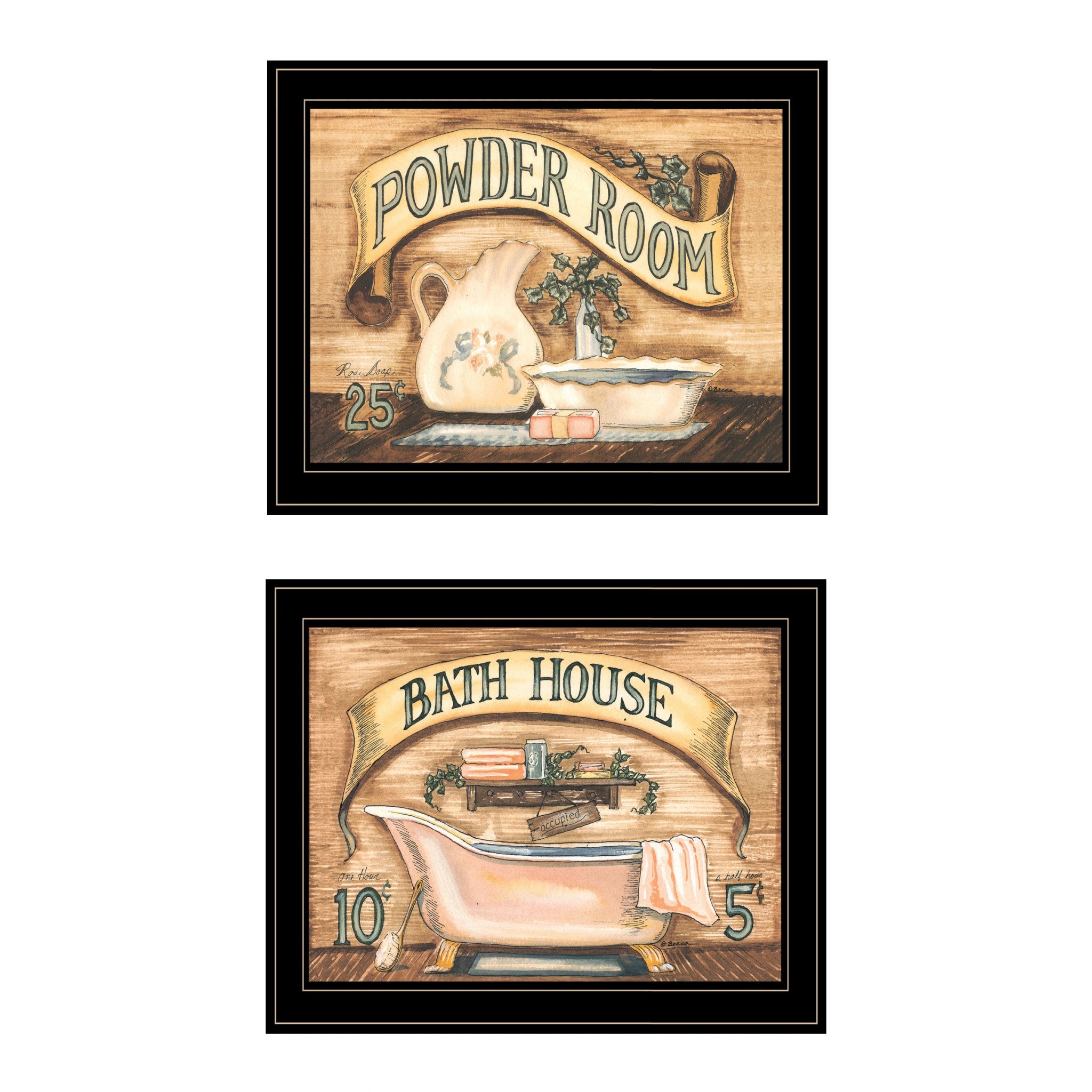 Set Of Two Bath and Powder Room 2 Black Framed Print Bathroom Wall Art