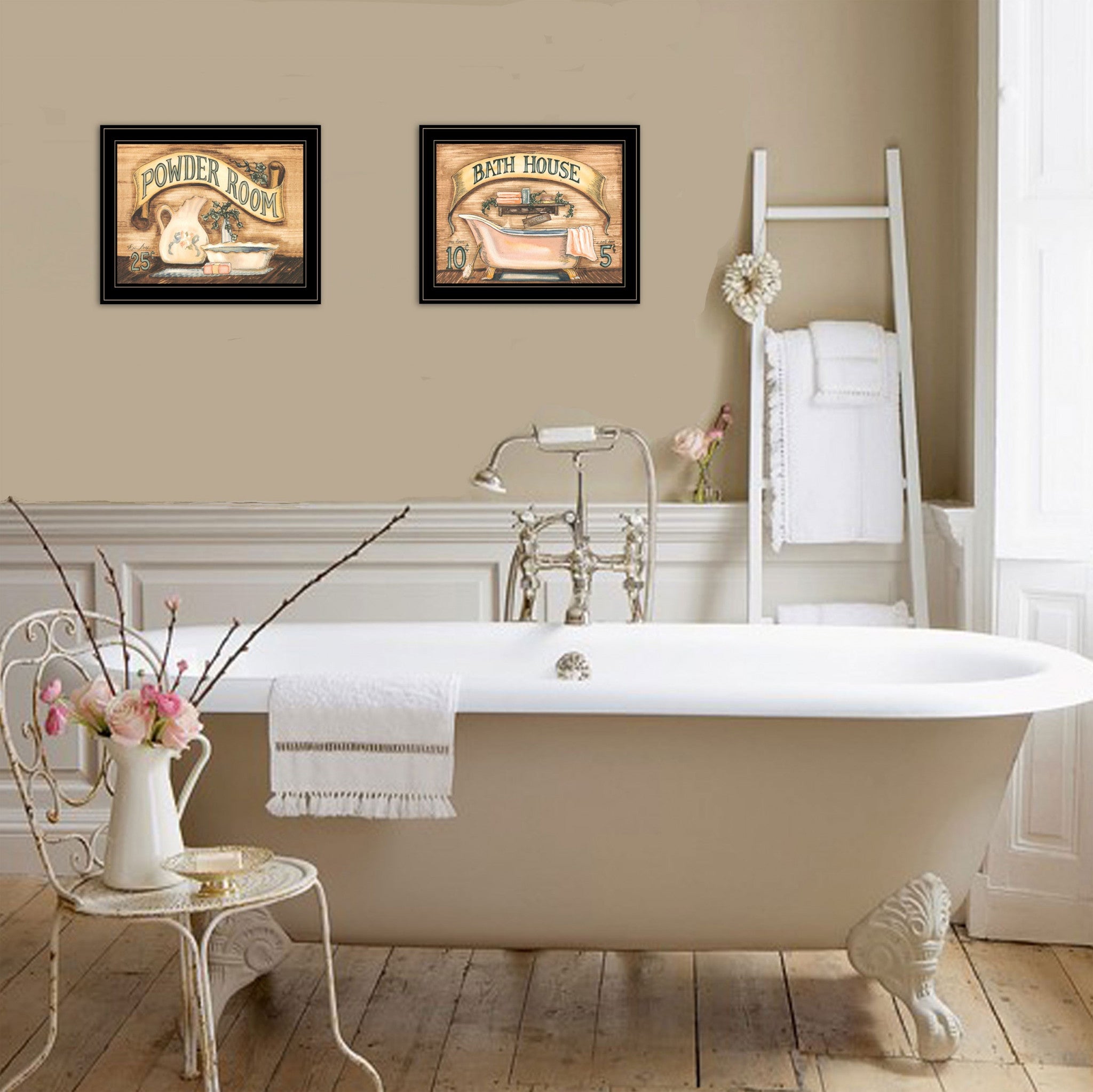 Set Of Two Bath and Powder Room 2 Black Framed Print Bathroom Wall Art