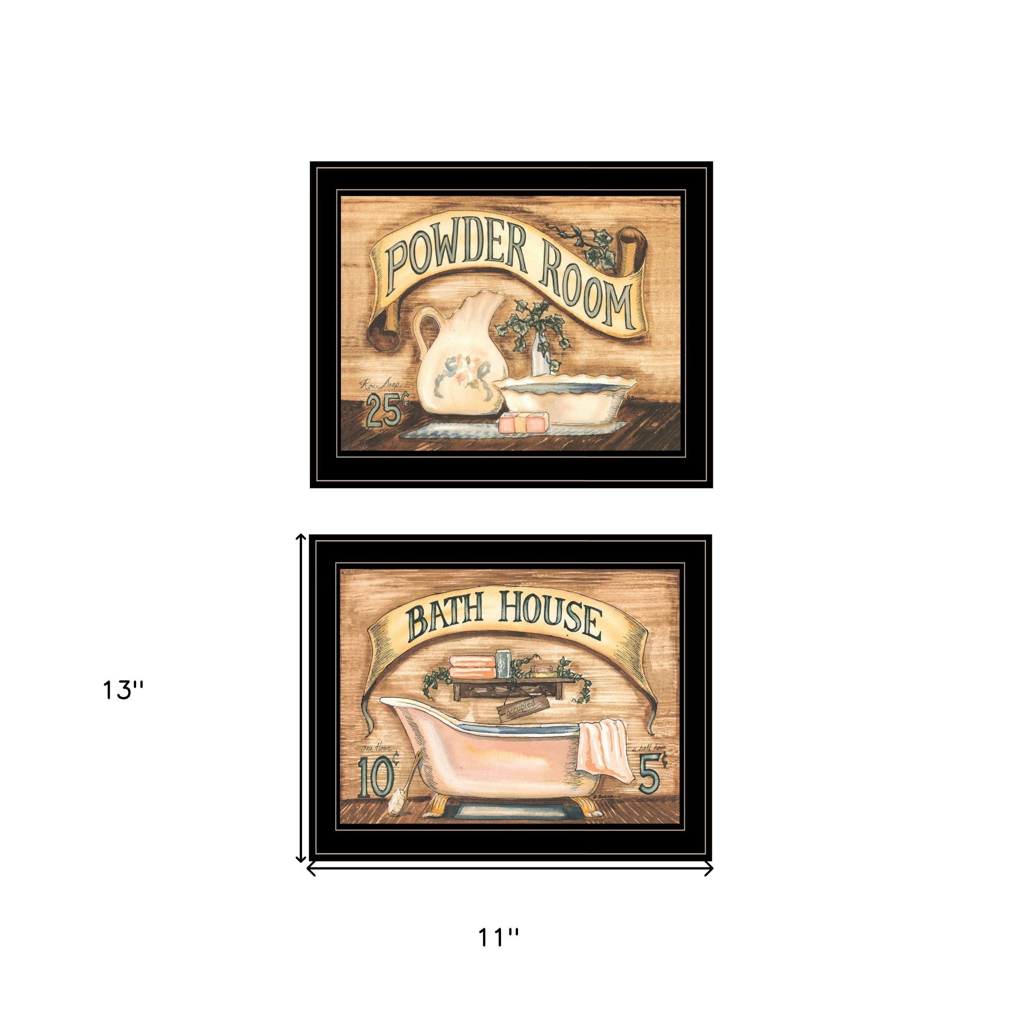 Set Of Two Bath and Powder Room 2 Black Framed Print Bathroom Wall Art