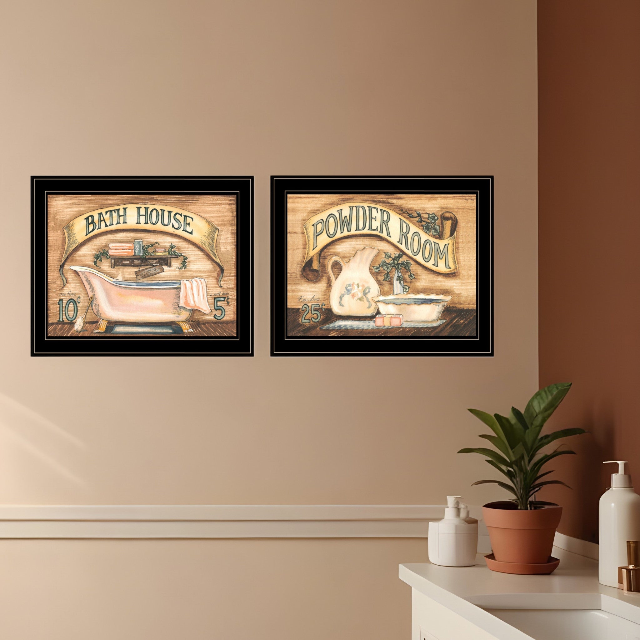 Set Of Two Bath and Powder Room 2 Black Framed Print Bathroom Wall Art