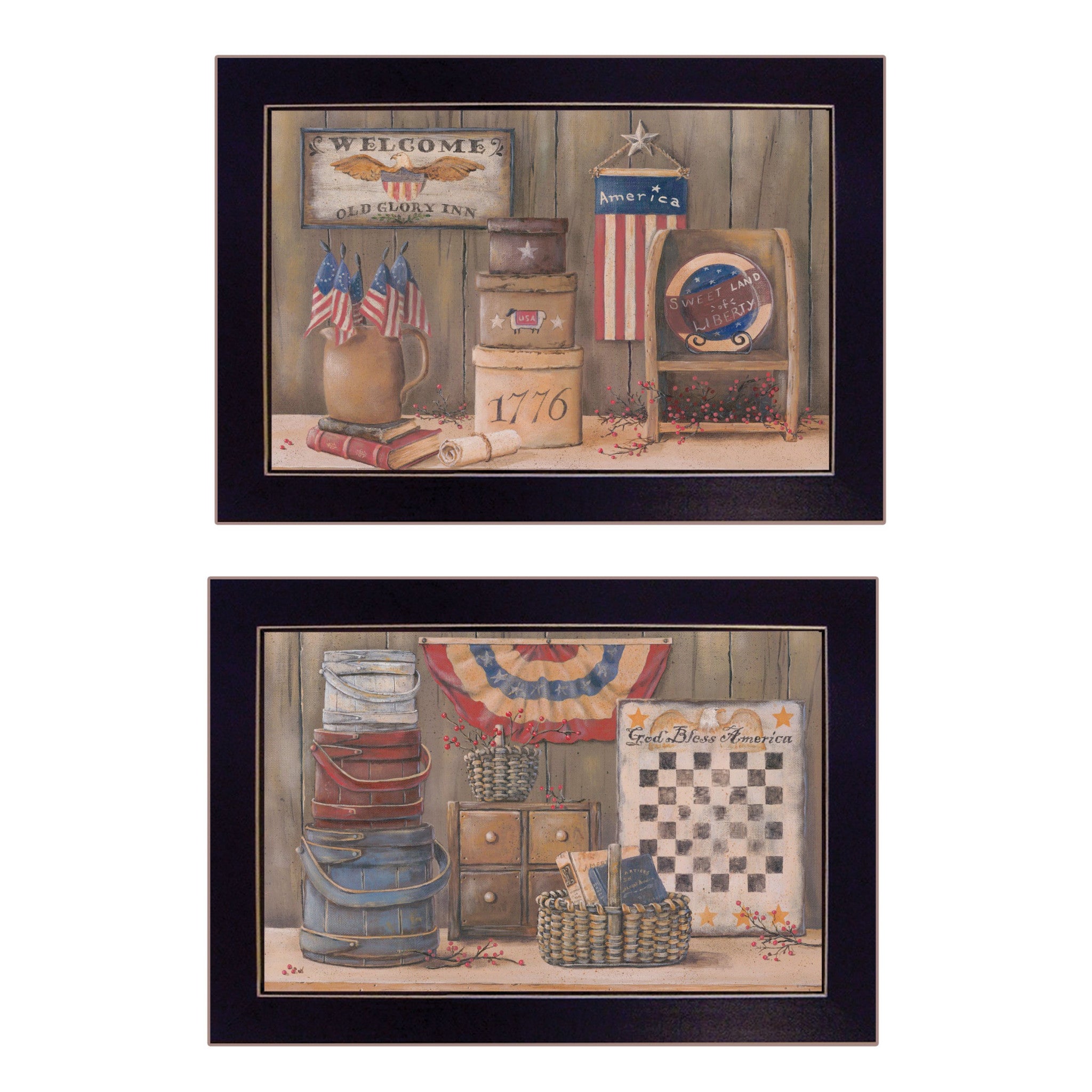 Set Of Two God Bless or Sweet Land 3 Black Framed Print Wall Art