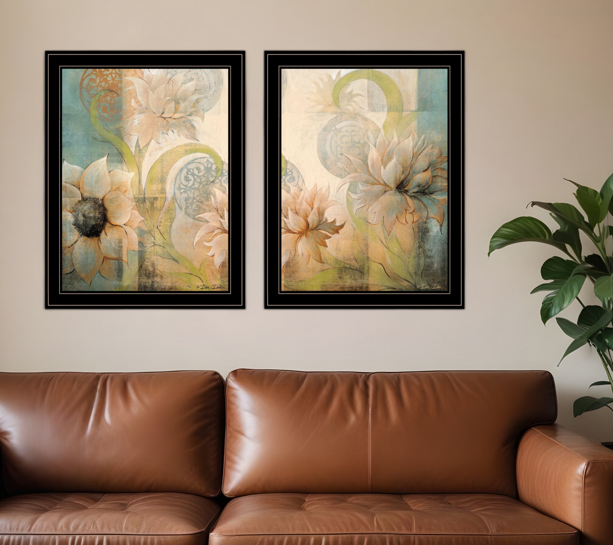 Set Of Two Meandering Flowers I and II 2 Black Framed Print Wall Art