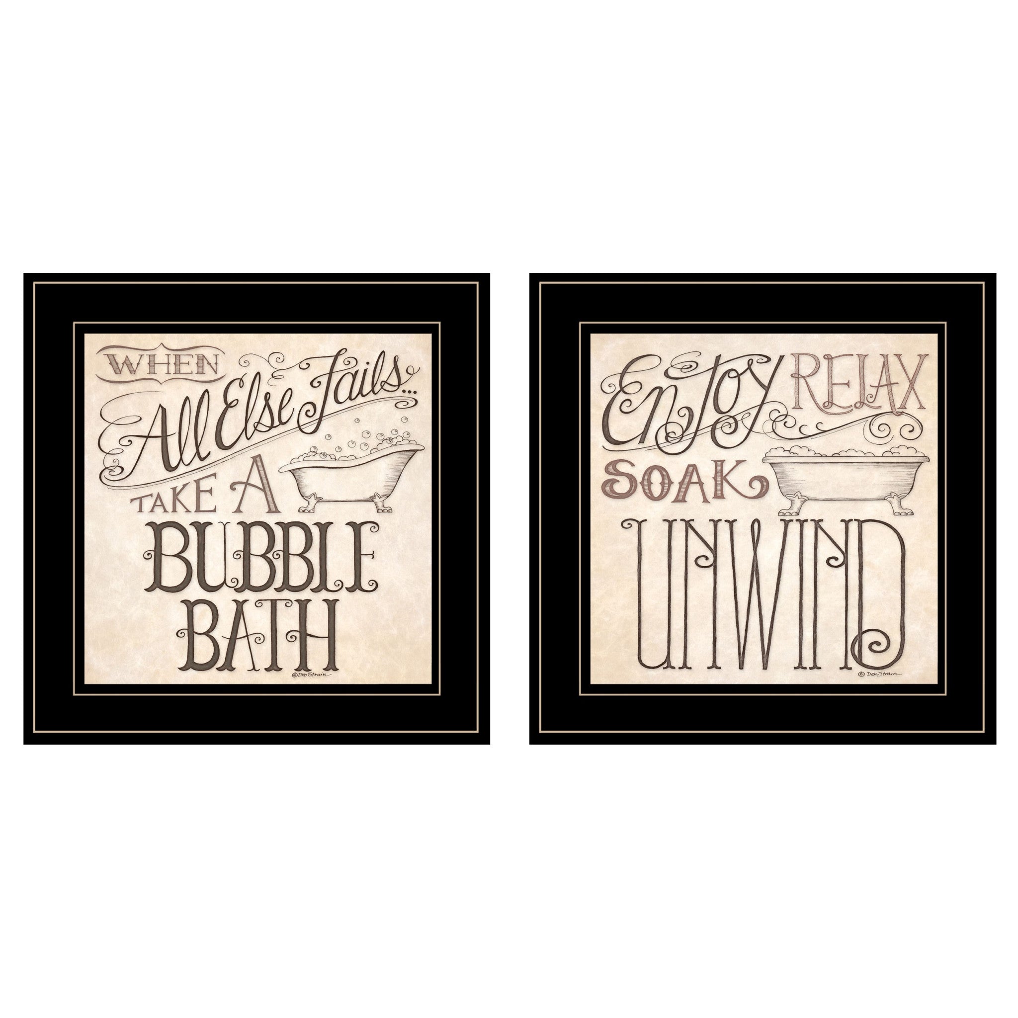 Set Of Two Soak and Unwind 3 Black Framed Print Bathroom Wall Art