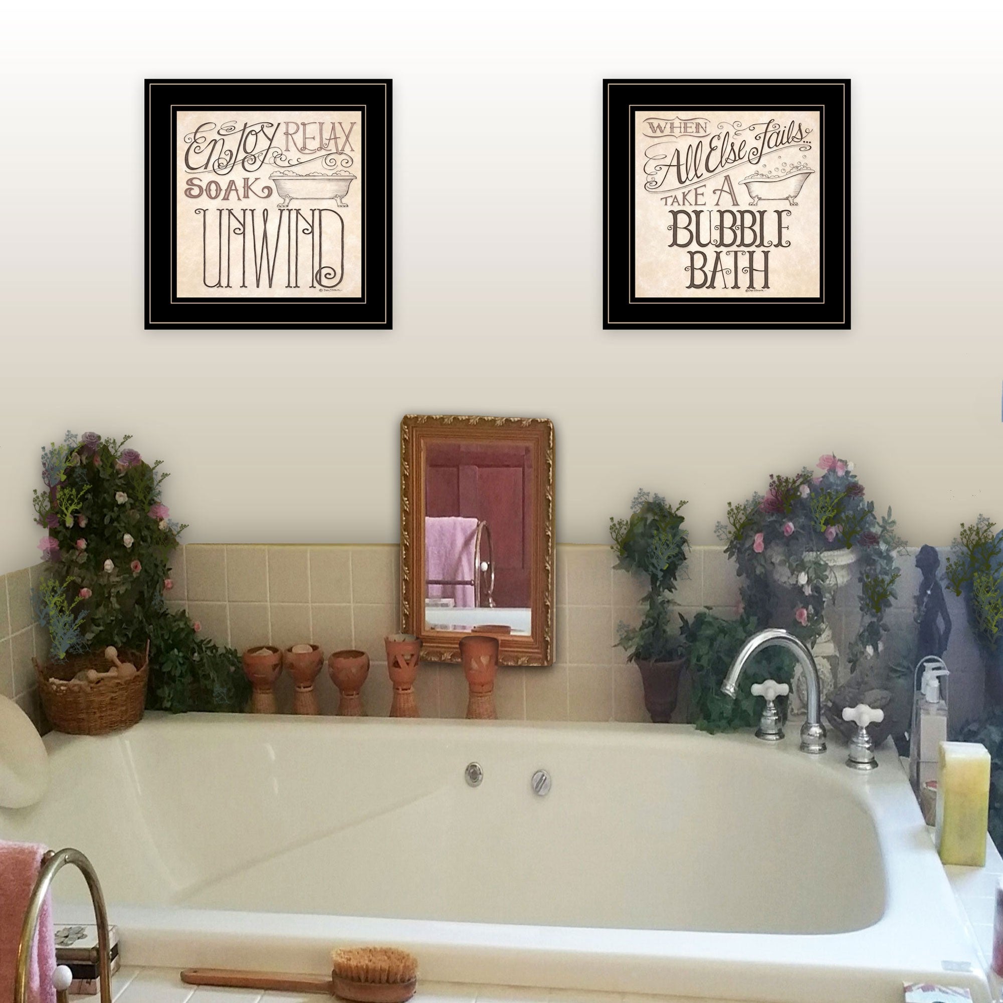 Set Of Two Soak and Unwind 3 Black Framed Print Bathroom Wall Art