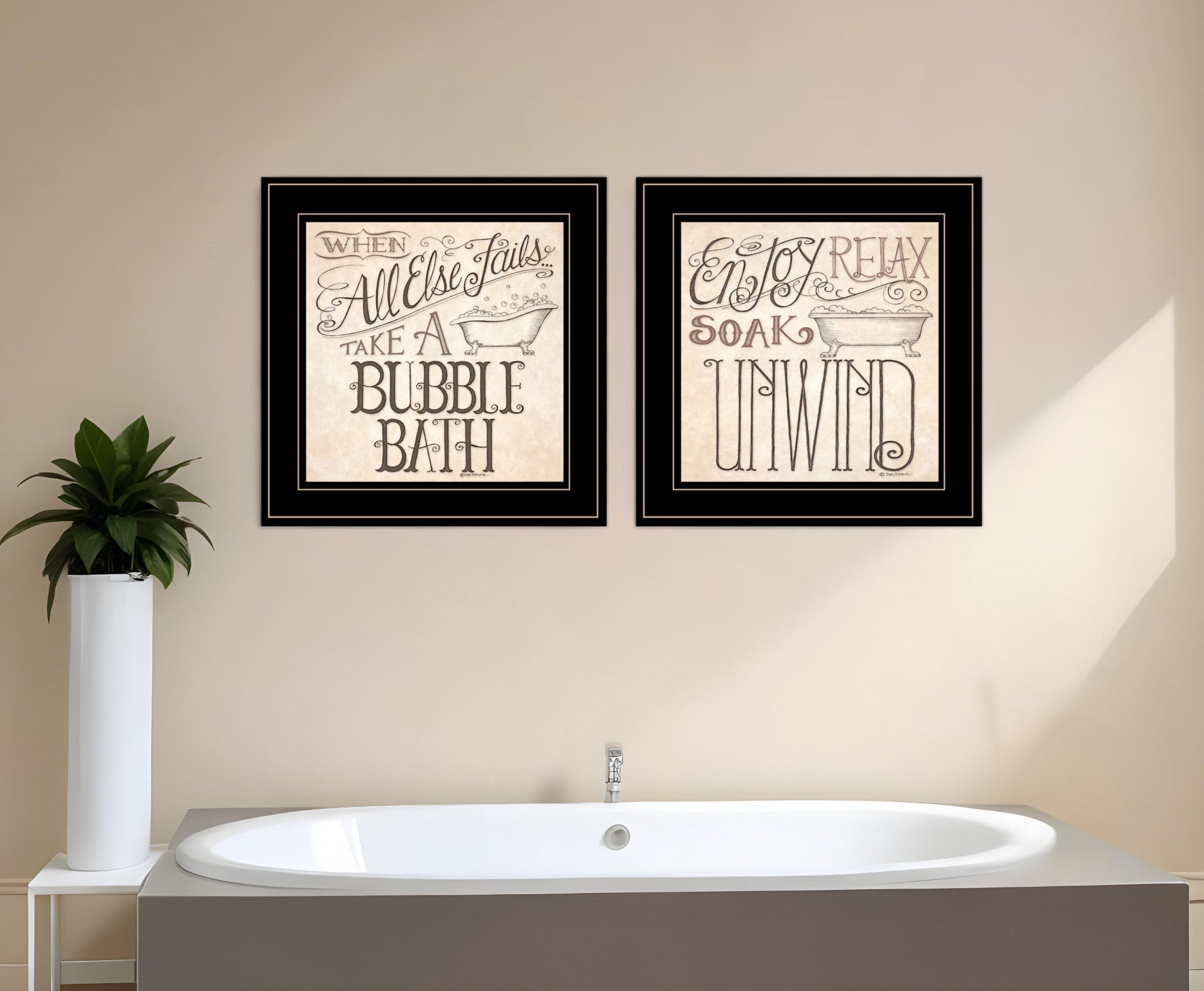 Set Of Two Soak and Unwind 3 Black Framed Print Bathroom Wall Art