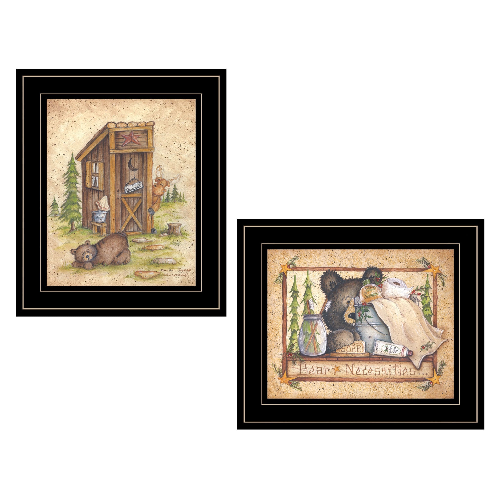 Set Of Two Bear or Still Waiting 2 Black Framed Print Wall Art