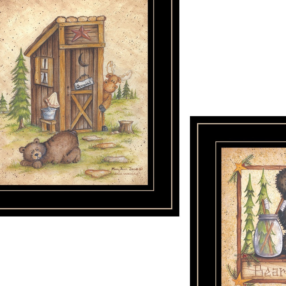 Set Of Two Bear or Still Waiting 2 Black Framed Print Wall Art