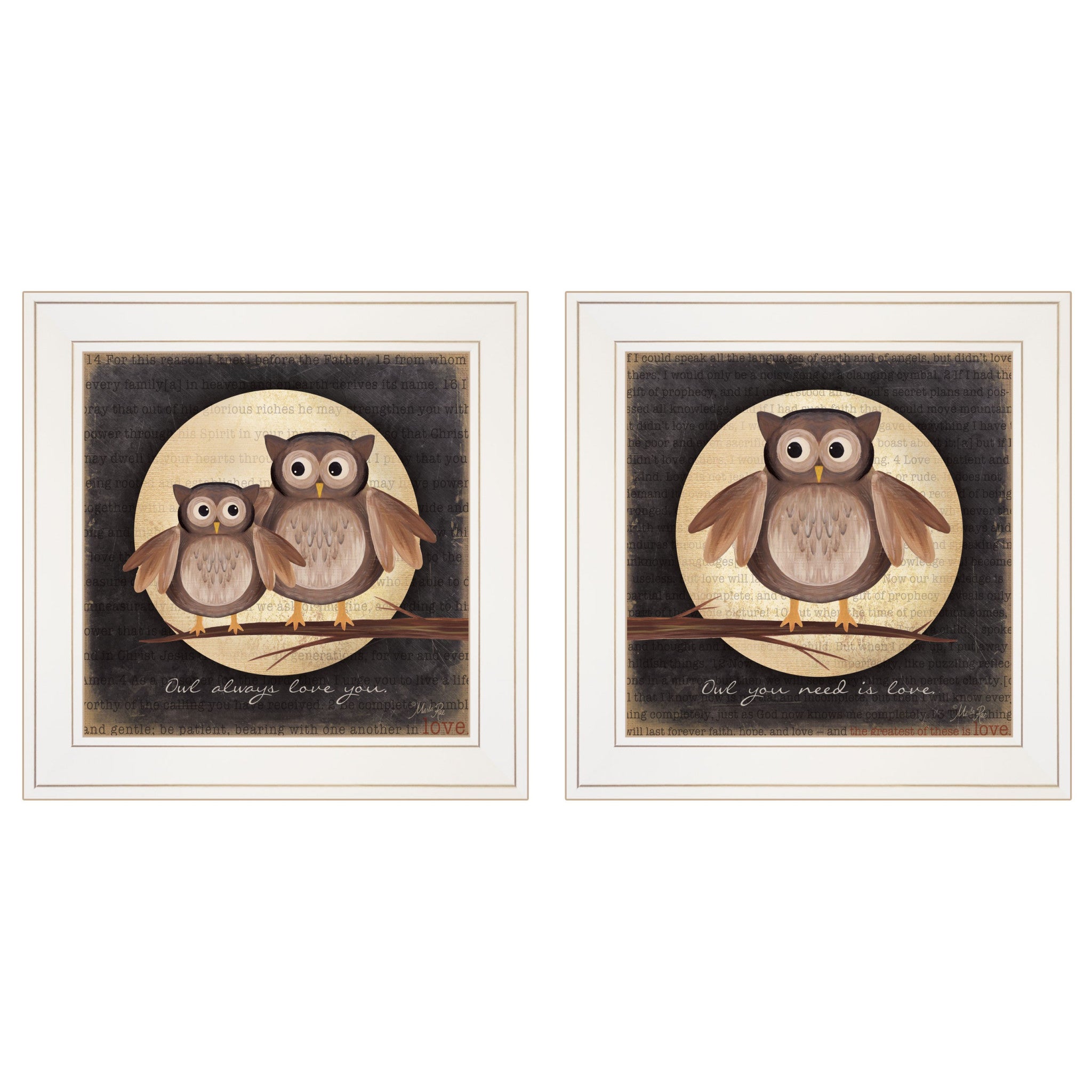 Set Of Two Owl Always Love and Need You 1 White Framed Print Wall Art