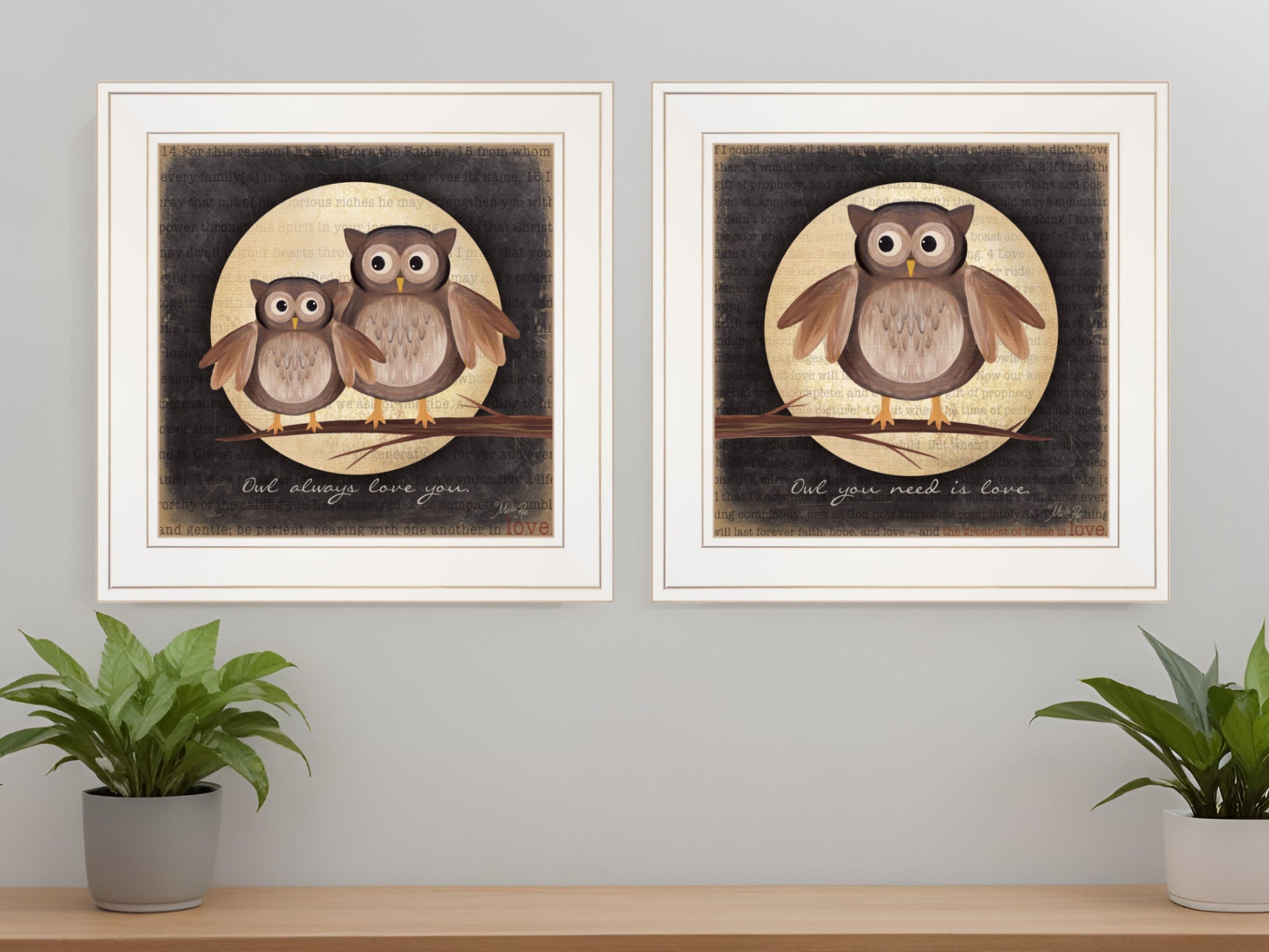 Set Of Two Owl Always Love and Need You 1 White Framed Print Wall Art