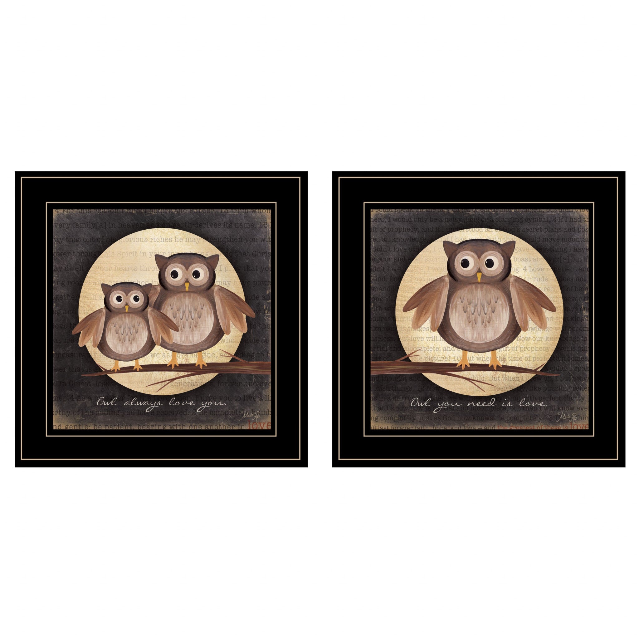 Set Of Two Owl Always Love and Need You 2 Black Framed Print Wall Art