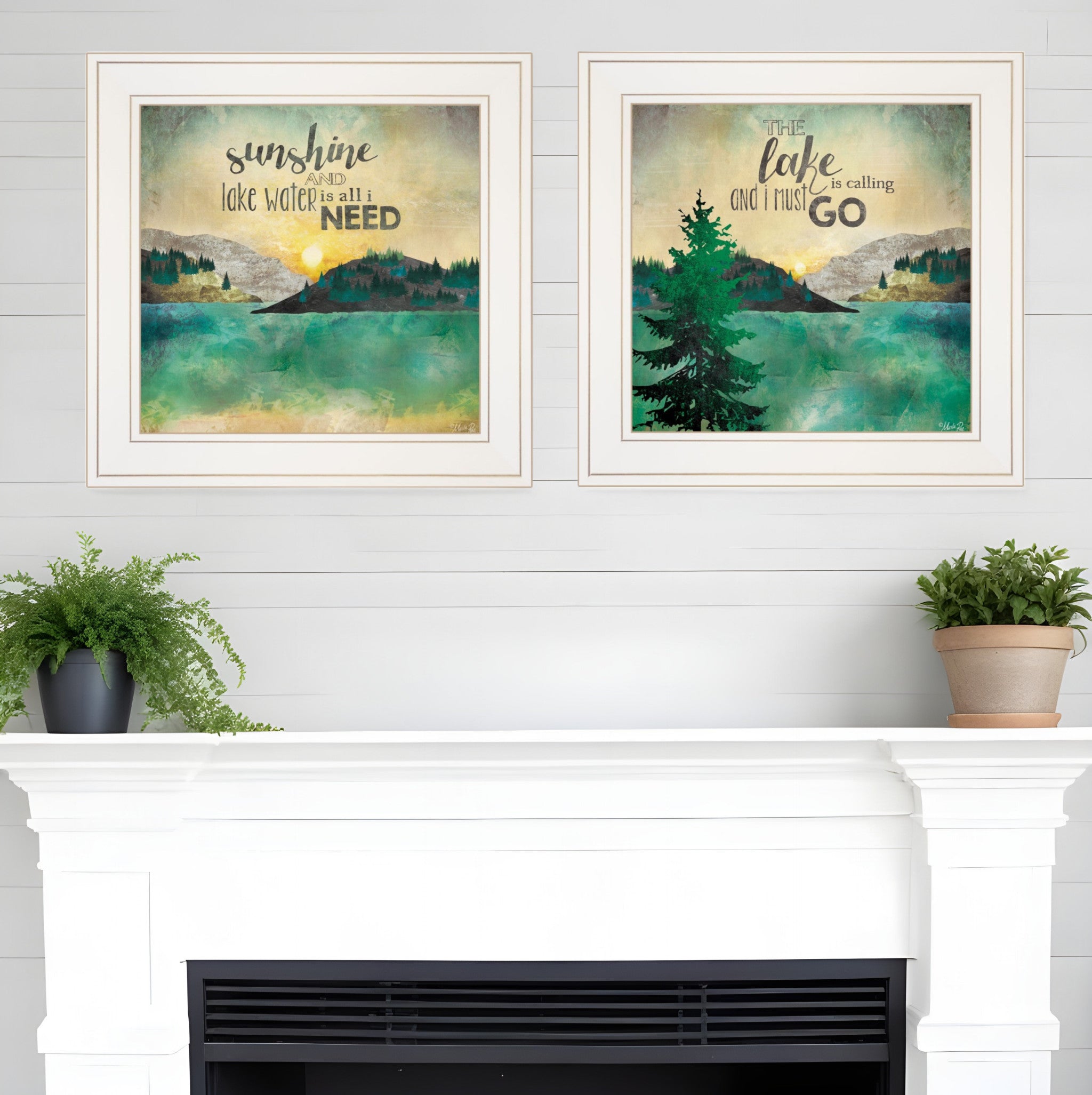 Set Of Two Lake or Sunshine 1 White Framed Print Wall Art