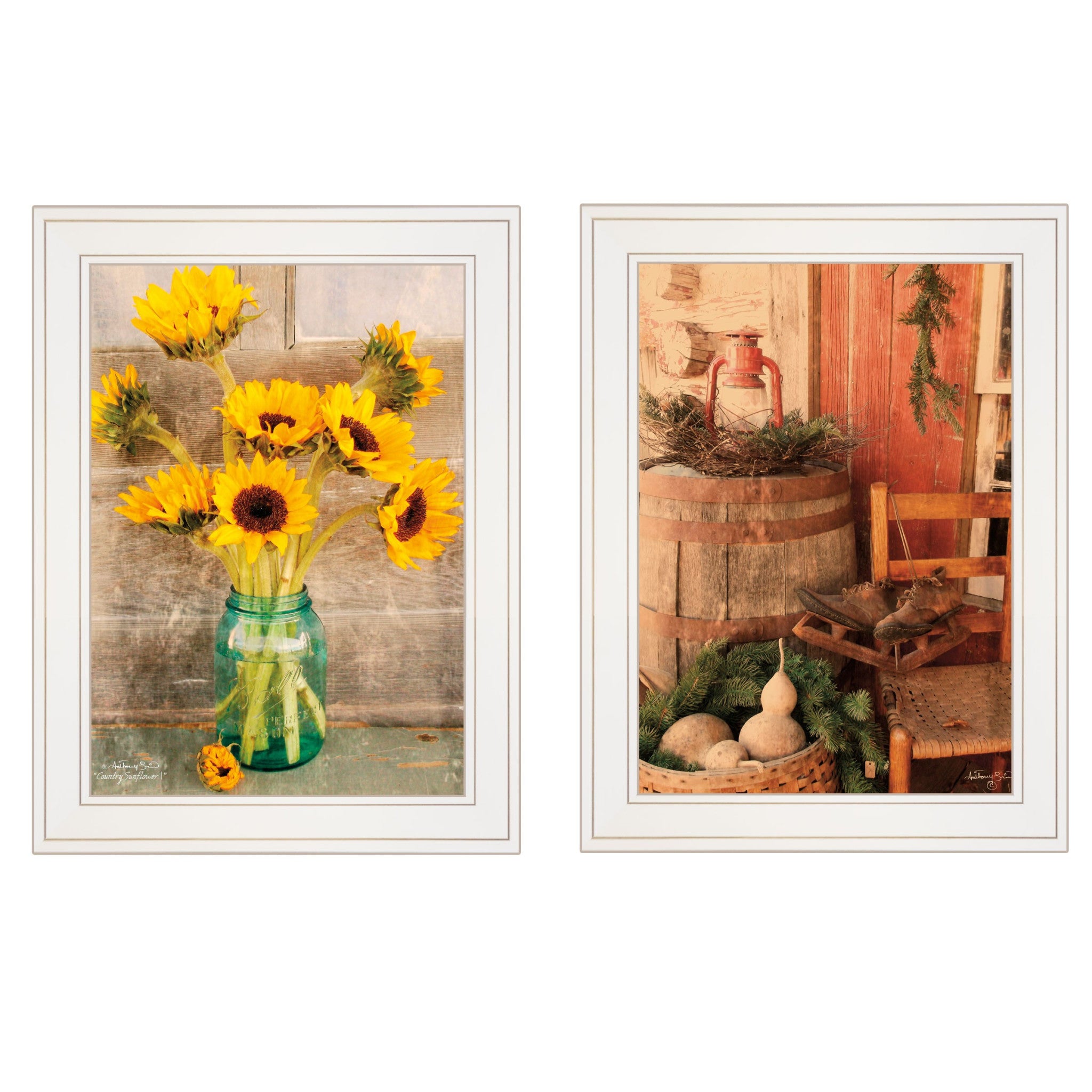 Set Of Two Vintage Country and Sunflowers 1 White Framed Print Wall Art