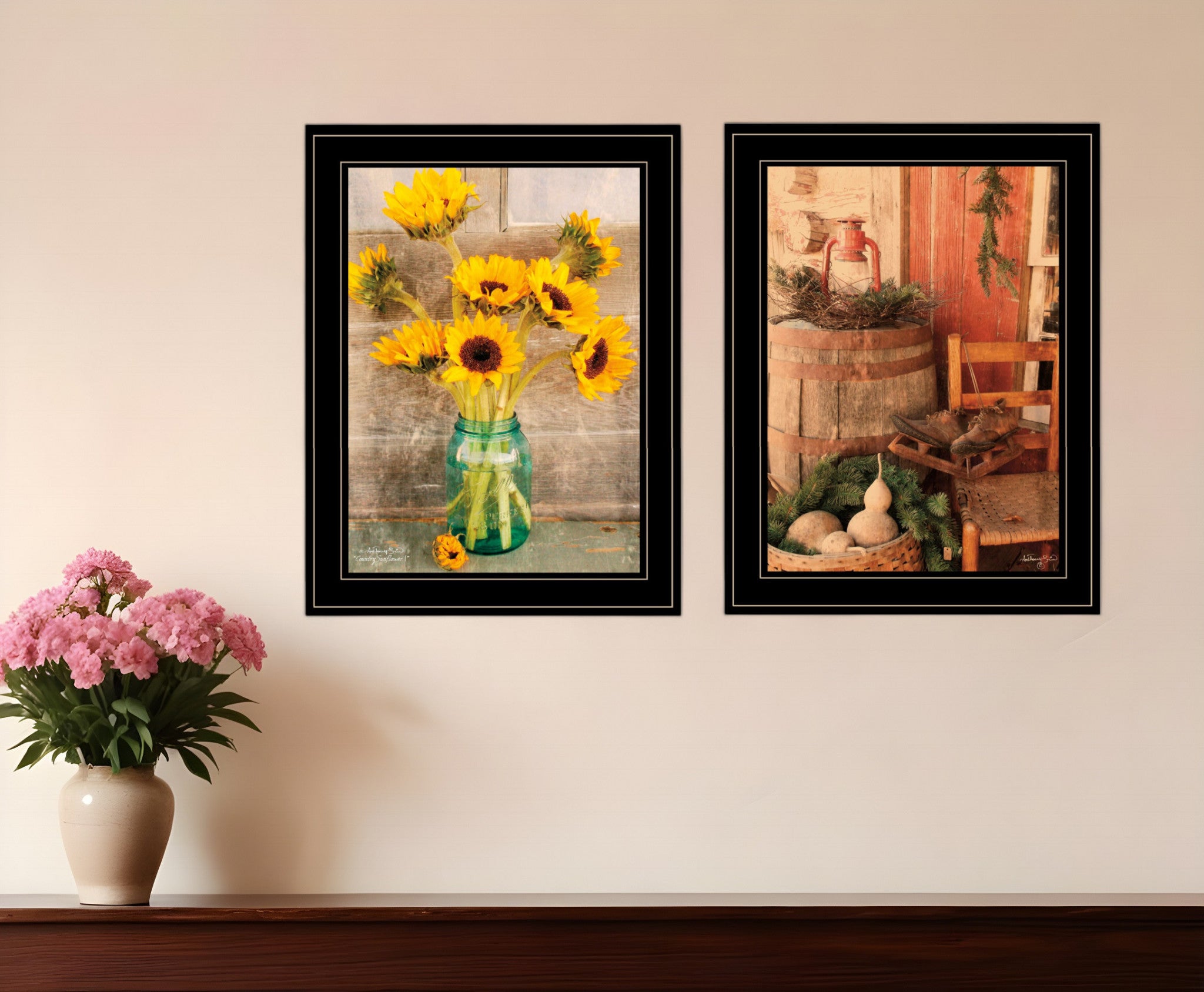 Set Of Two Vintage Country and Sunflowers 2 Black Framed Print Wall Art